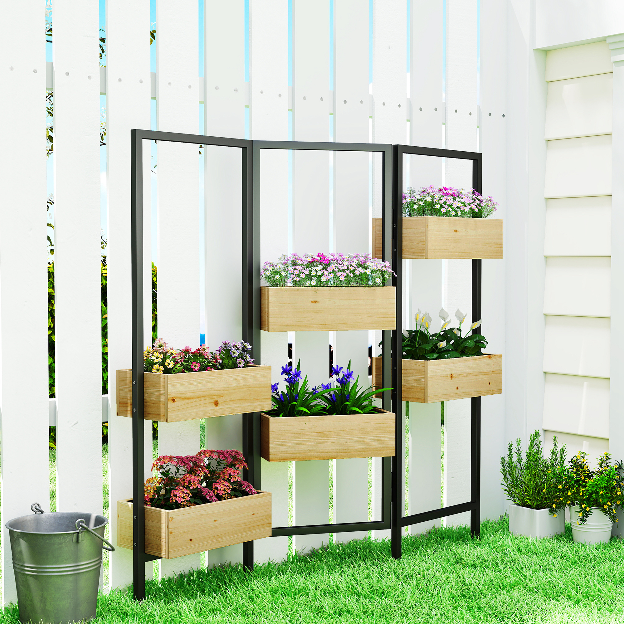 Blumenkasten mit Sichtschutz, Hochbeet mit Klappbarem Spalier, 6 Pflanzkästen mit Ablauflöchern, Stahl