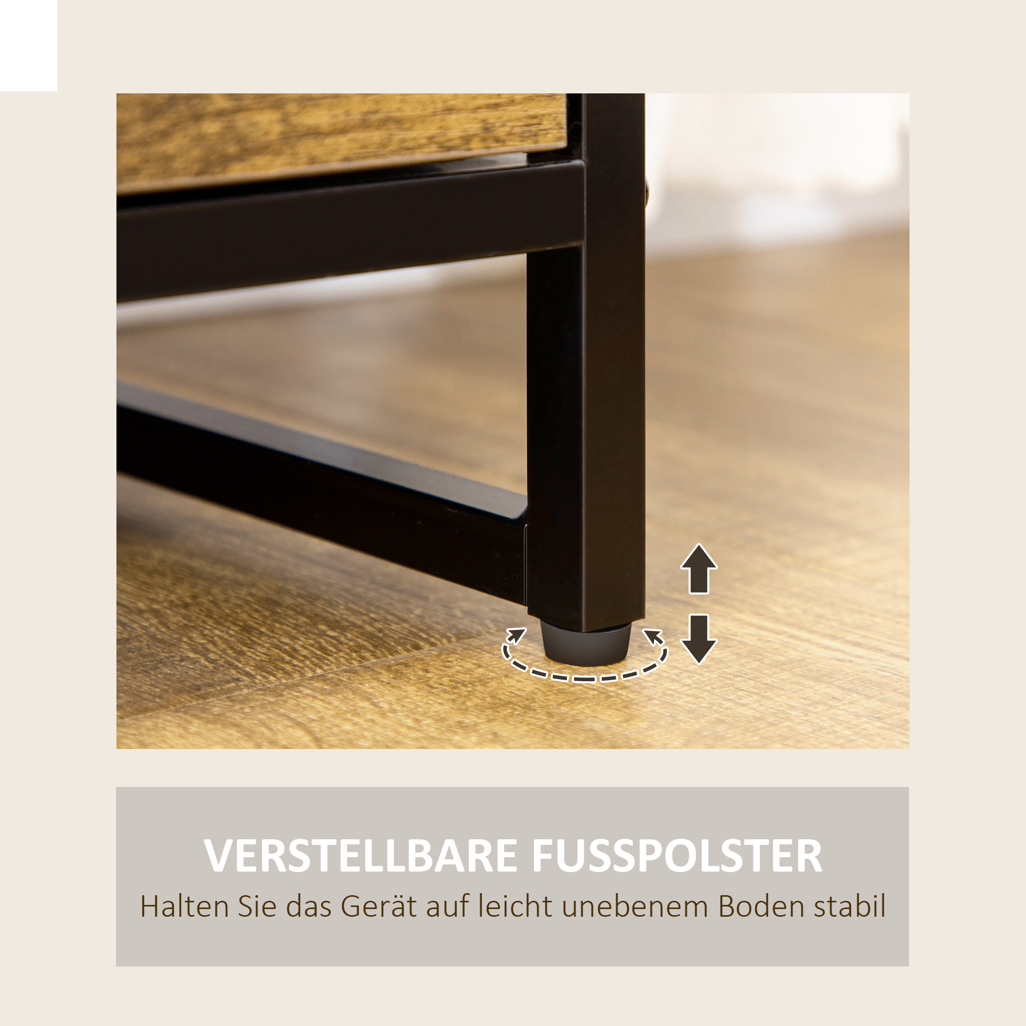 Kommode mit sechs Schubladen, offene Regale, MDF und Stahl, 84x30x92 cm, Braun/Schwarz, verstellbare Füße