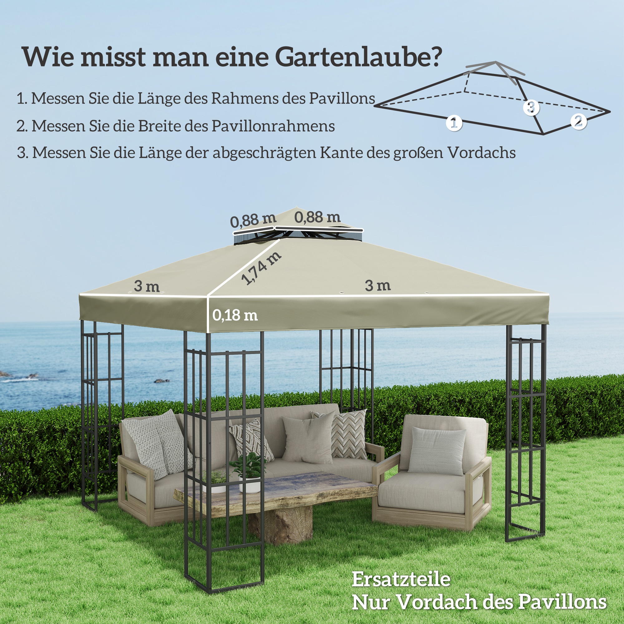 3 x 3 m Ersatzdach für Pavillon, Pavillon-Ersatzplane mit Wasserablauf-Löchern, UPF30+, Sonnenschutz, Hellgrau