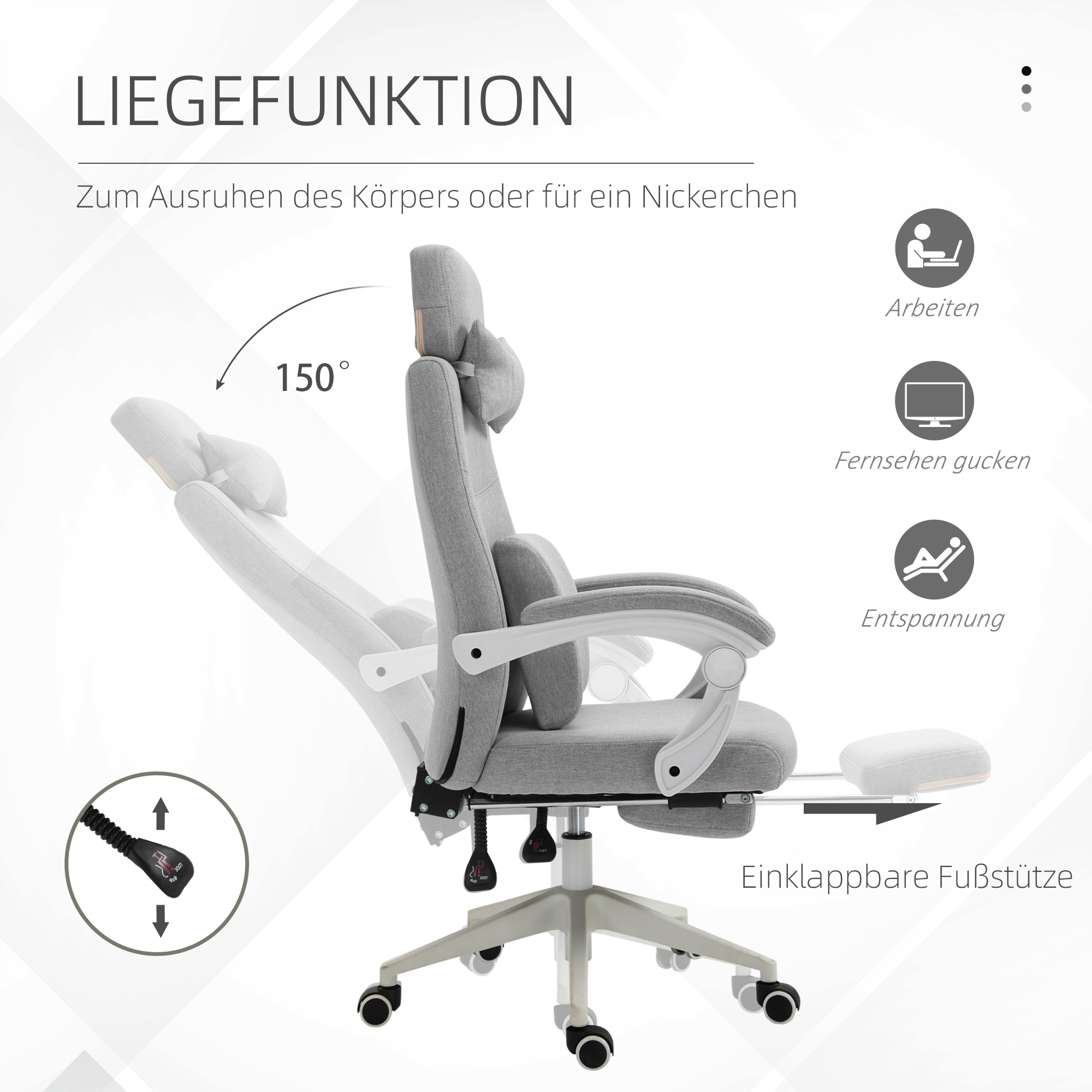 Bürostuhl, Ergonomischer Schreibtischstuhl mit Kopfkissen, Lendenkissen, höhenverstellbar Gamingstuhl mit Fußstütze, hoher Rückenlehne, Grau 62 x 68 x 117-127 cm