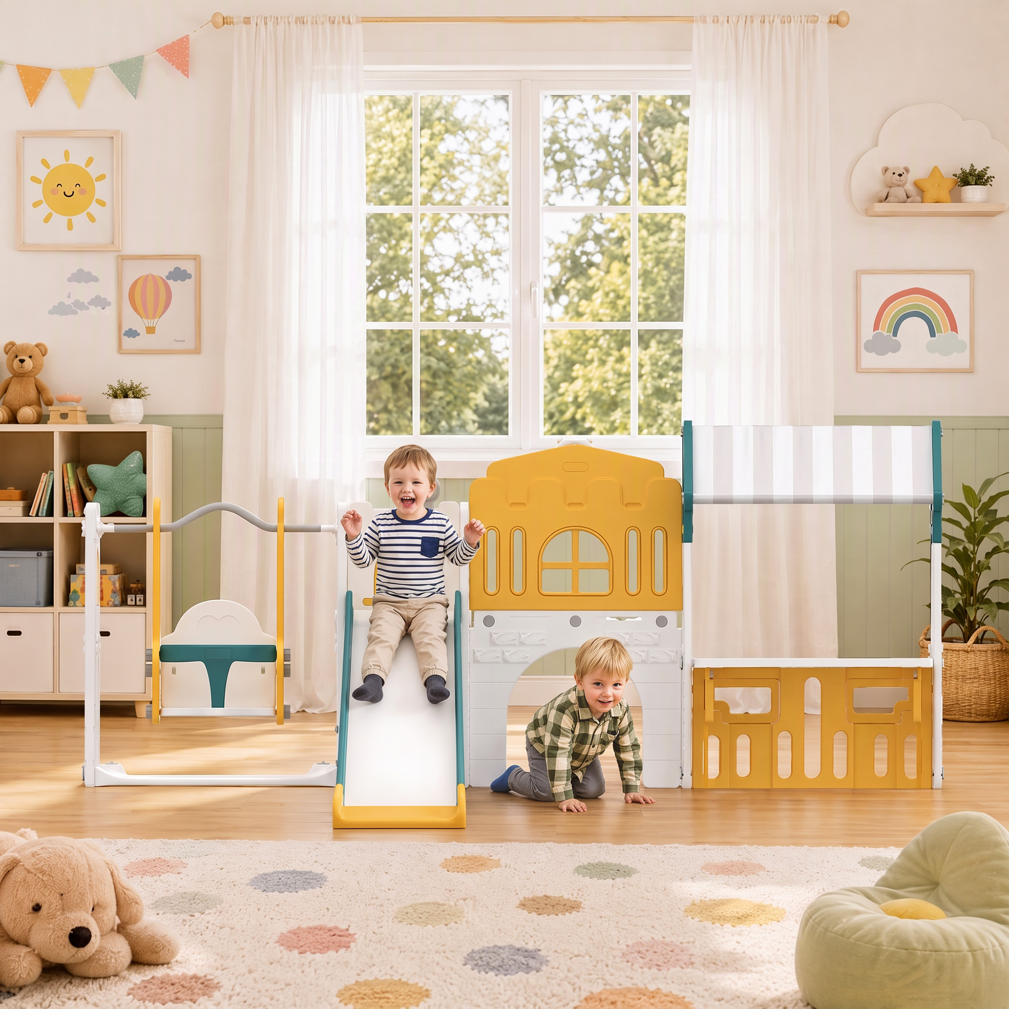 11 in 1 Kinderrutsche mit Schaukel Spielhaus Gartenrutsche mit Tunnel Basketballkorb Fernrohr Lenkrad Maltafel