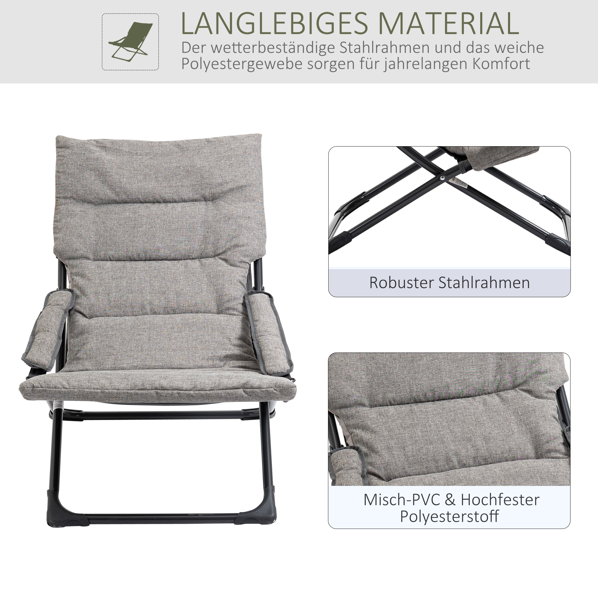 Gartenstuhl aus Metall Klappstuhl mit Auflage abnehmbar wetterfest klappbar Campingstuhl Liegestuhl 120kg Belastbarkeit Sitzmöbel für Garten Terrasse Balkon 66B x 94T x 79H cm Grau