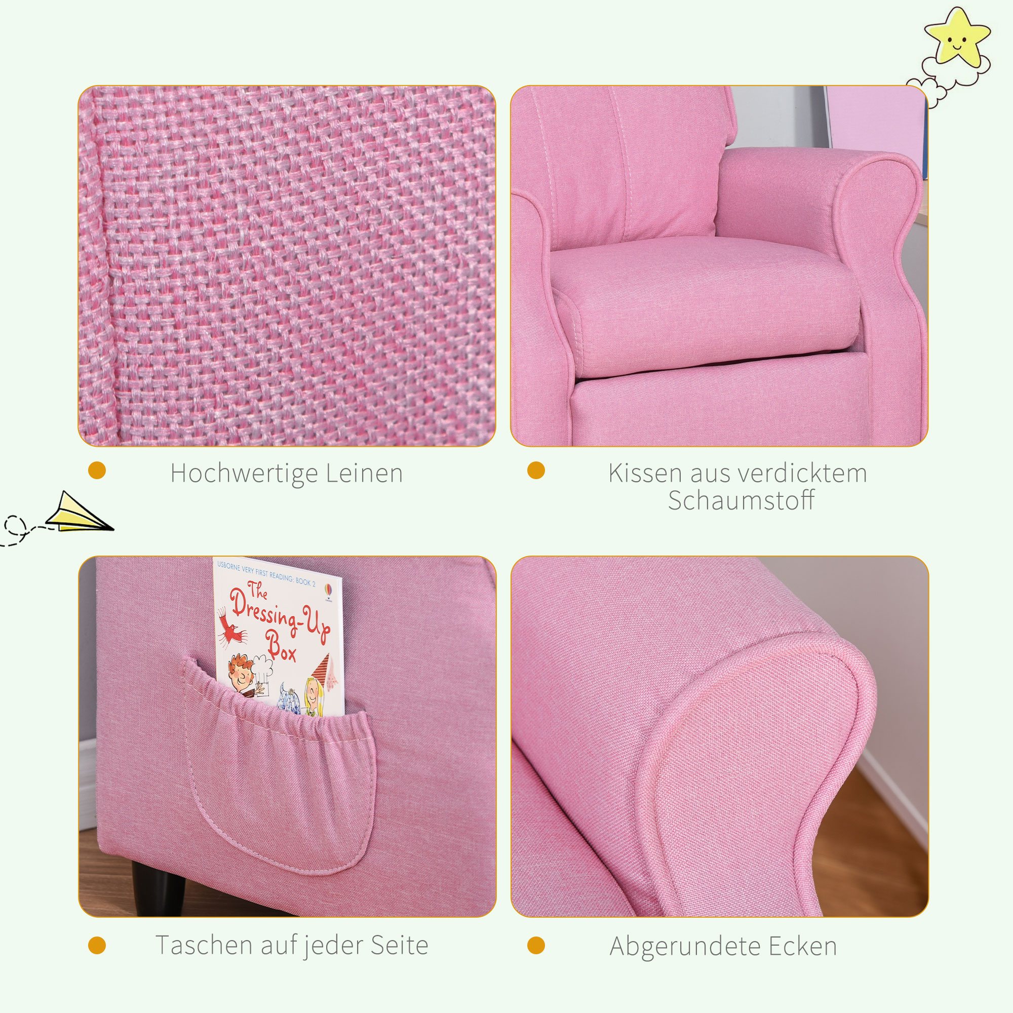 Kindersofa Kindersessel mit Fußstütze Armlehne verstellbare Rückenlehne Relaxsessel Kindercouch Stuhl Liegecouch Kinder Sofa für 3-5 Jahre Jungen und Mädchen Rosa
