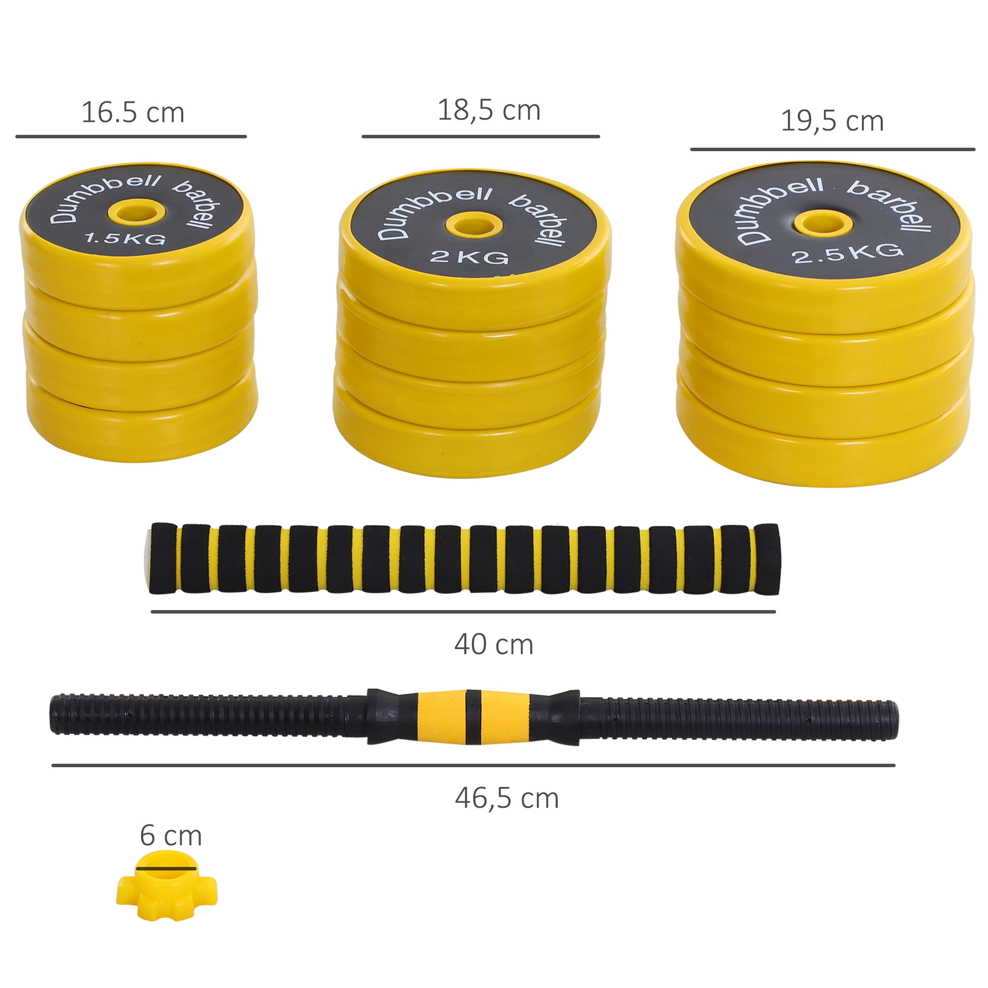 25 kg Hantel & Langhantel, einstellbare ergonomische 3-in-1 Hantelset,12 × Platten,2 × Kurze Stöcke,1 × Langer Stock,Gelb+Schwarz