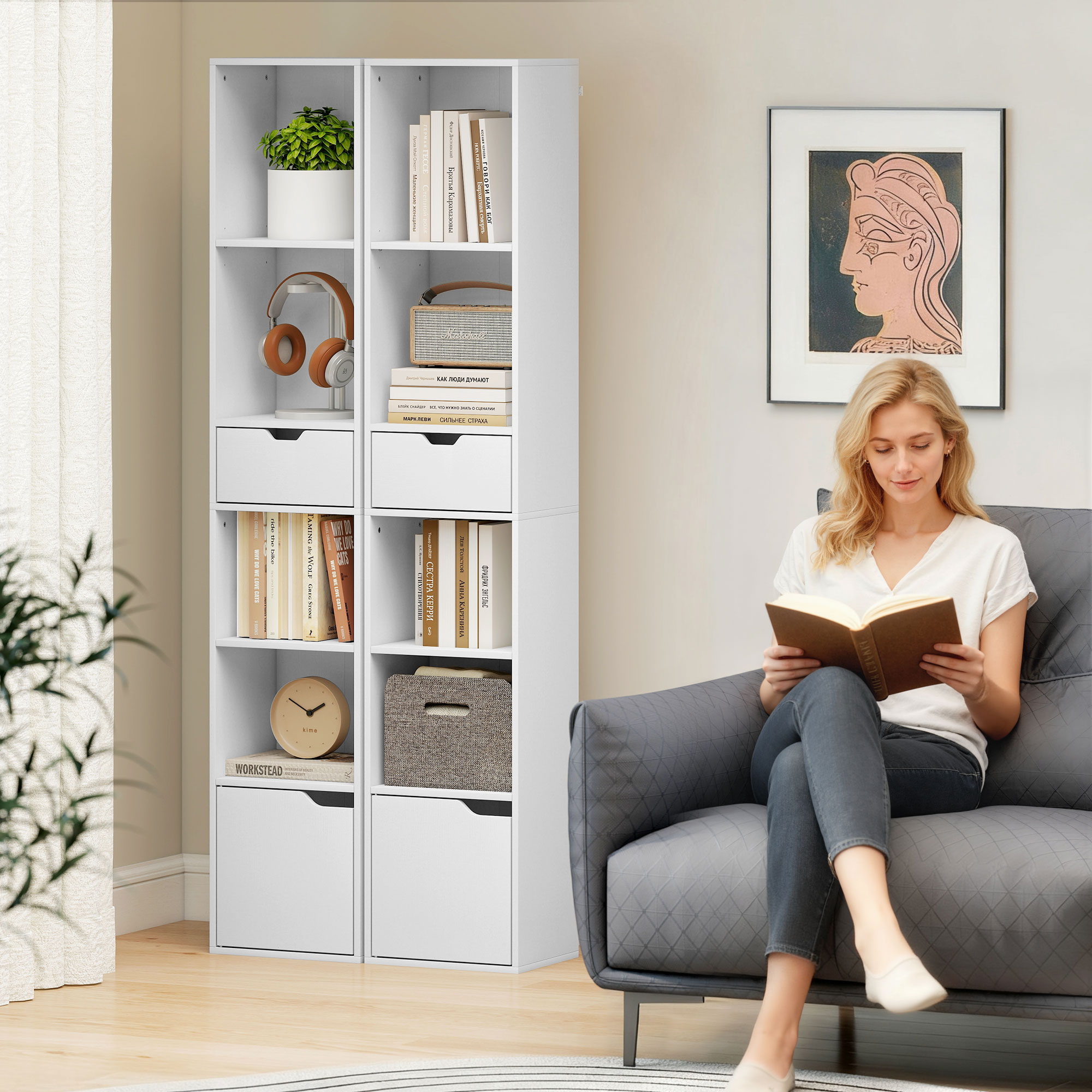 Bücherregal mit 6 Ebenen, 3-stufig verstellbar, mit Schublade, Schranktür, anpassbares Regal, Ausstellungsregal, Weiß