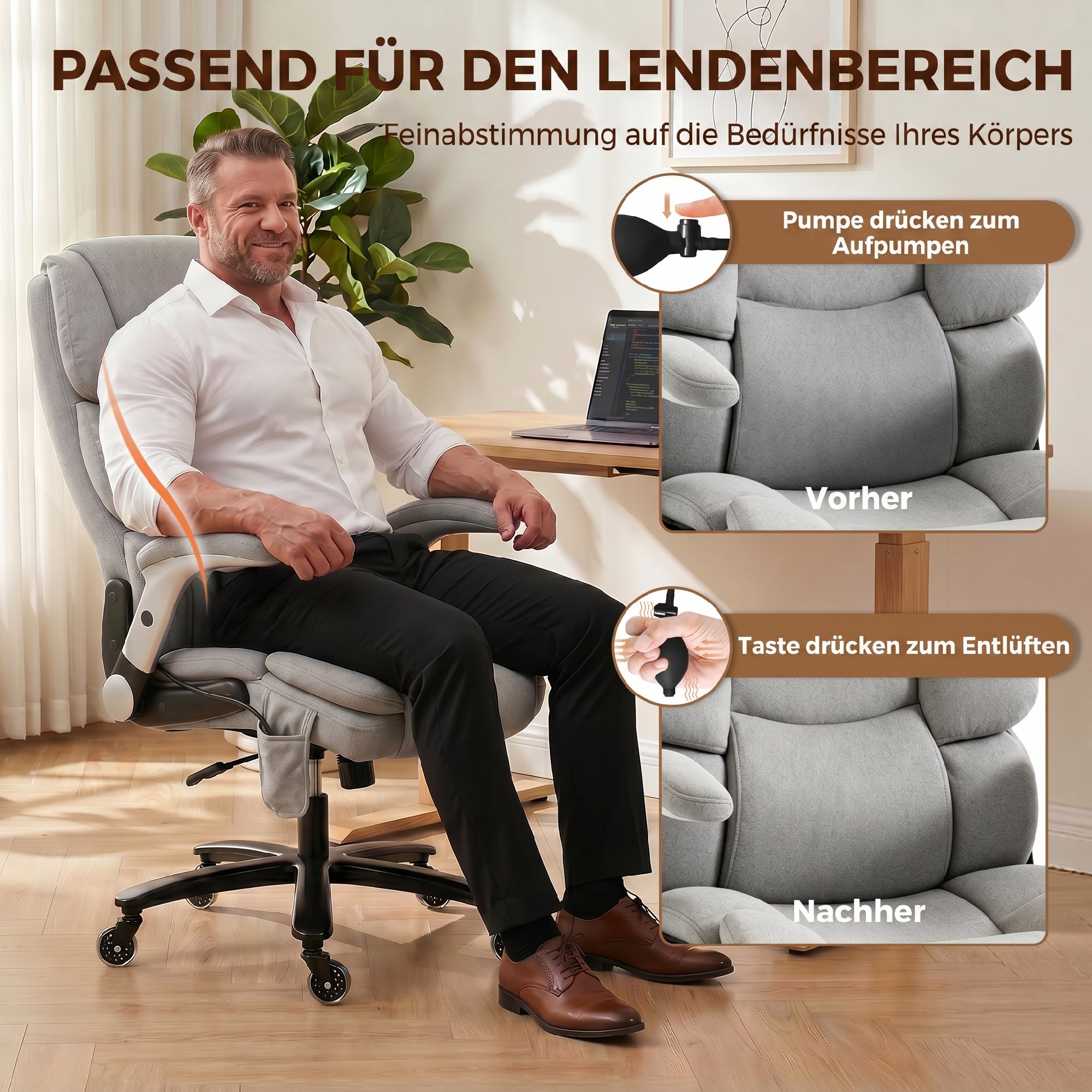 Bürostuhl mit Airbag-Lendenstütze, Schreibtischstuhl mit hochklappbaren Armlehnen, Taschenfedern, Hellgrau