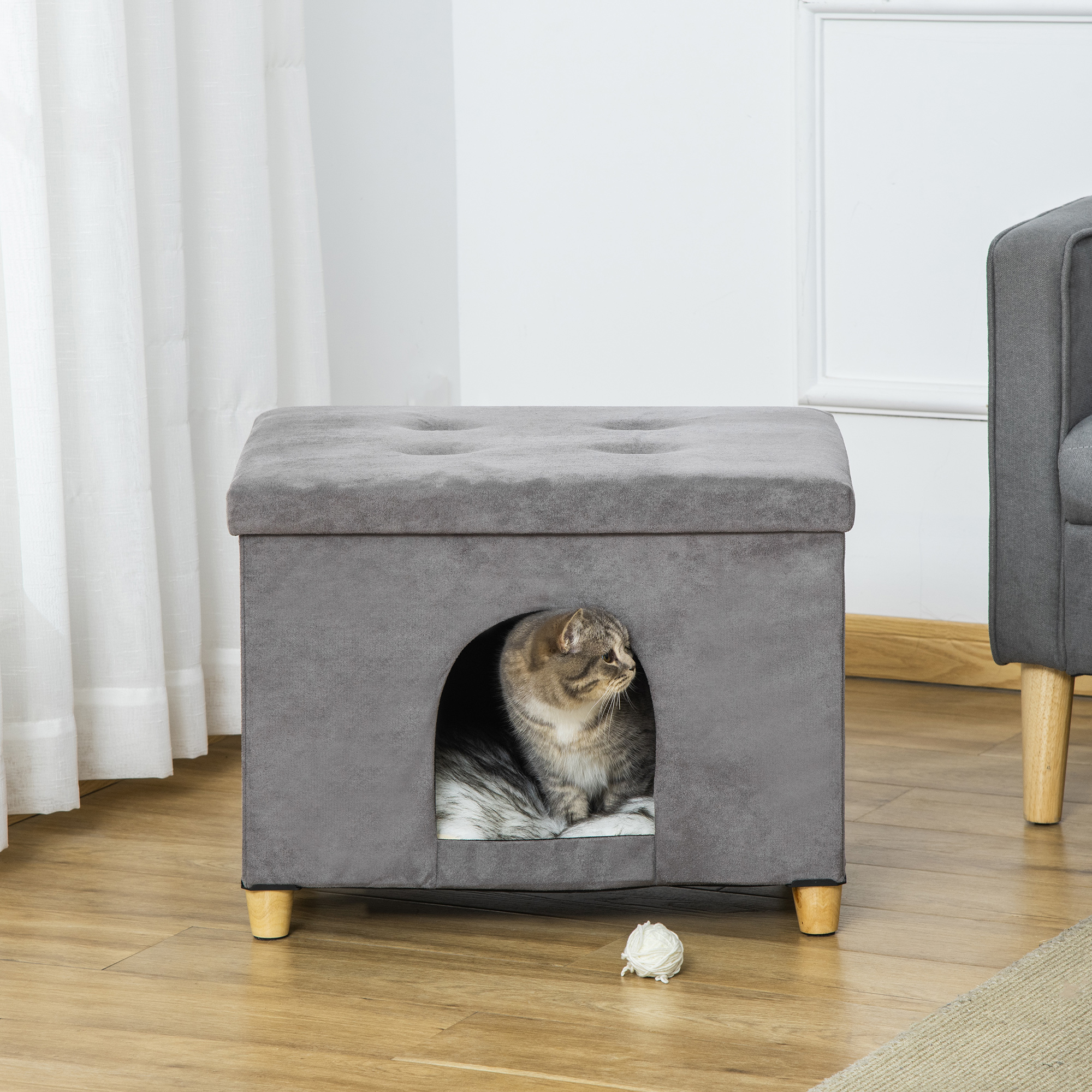 2-IN-1 Katzenhöhle Fußhocker mit Kissen Holzbeine Katzenhaus Katzenkorb weich gepolstert Ottomane elegantes Design abnehmbar MDF Plüsch Grau 60 x 45 x 44,5 cm