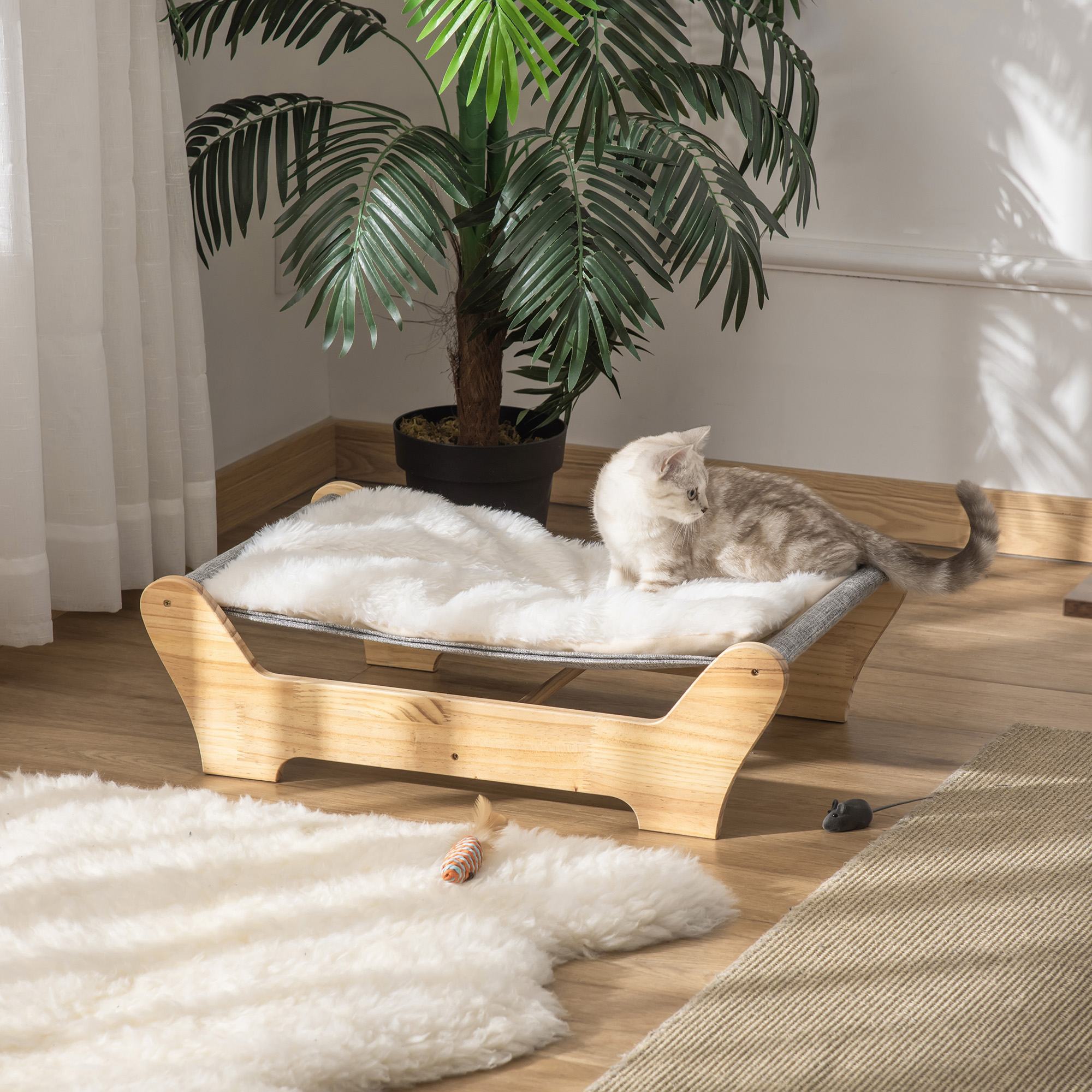 Katzenbett mit Gestell Hängematte für Katzen erhöhtes Katzennest mit weichem Kissen Kiefernholz Natur 68 x 43 x 20 cm