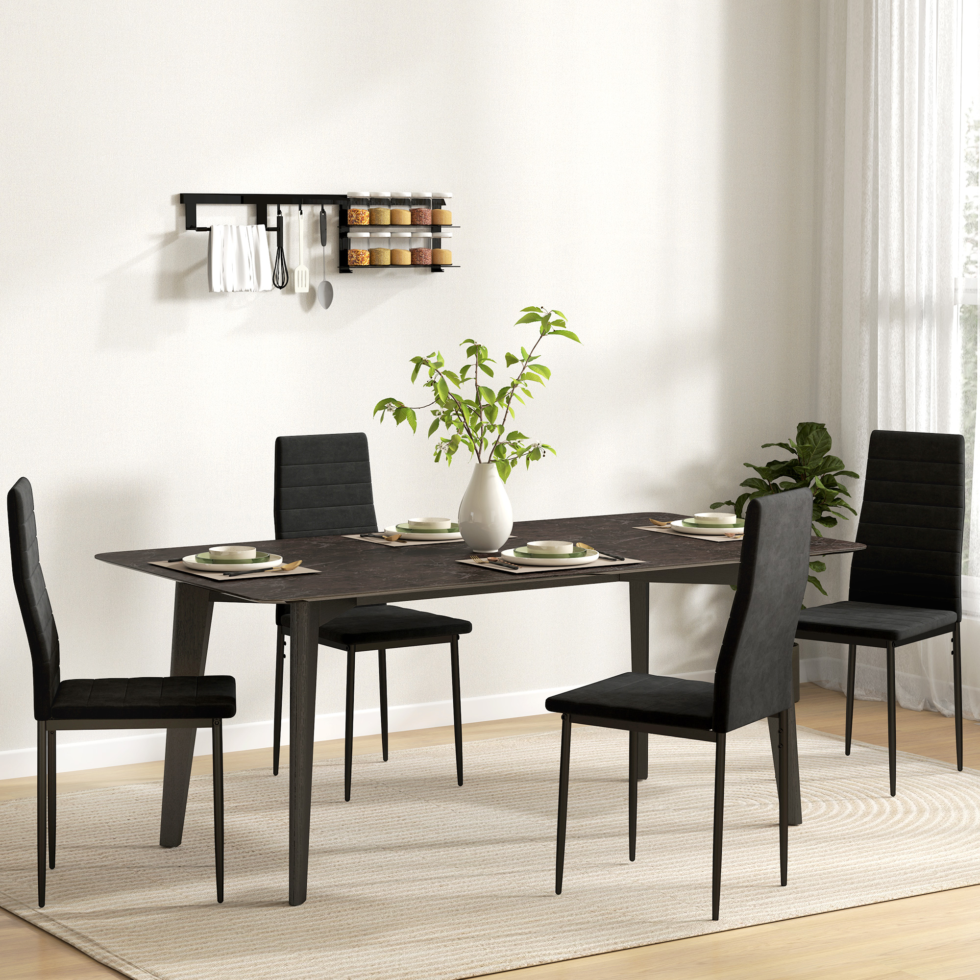4er-Set Esszimmerstühle, armloses Design, Stoffpolsterung, Metallbeine, Schwarz
