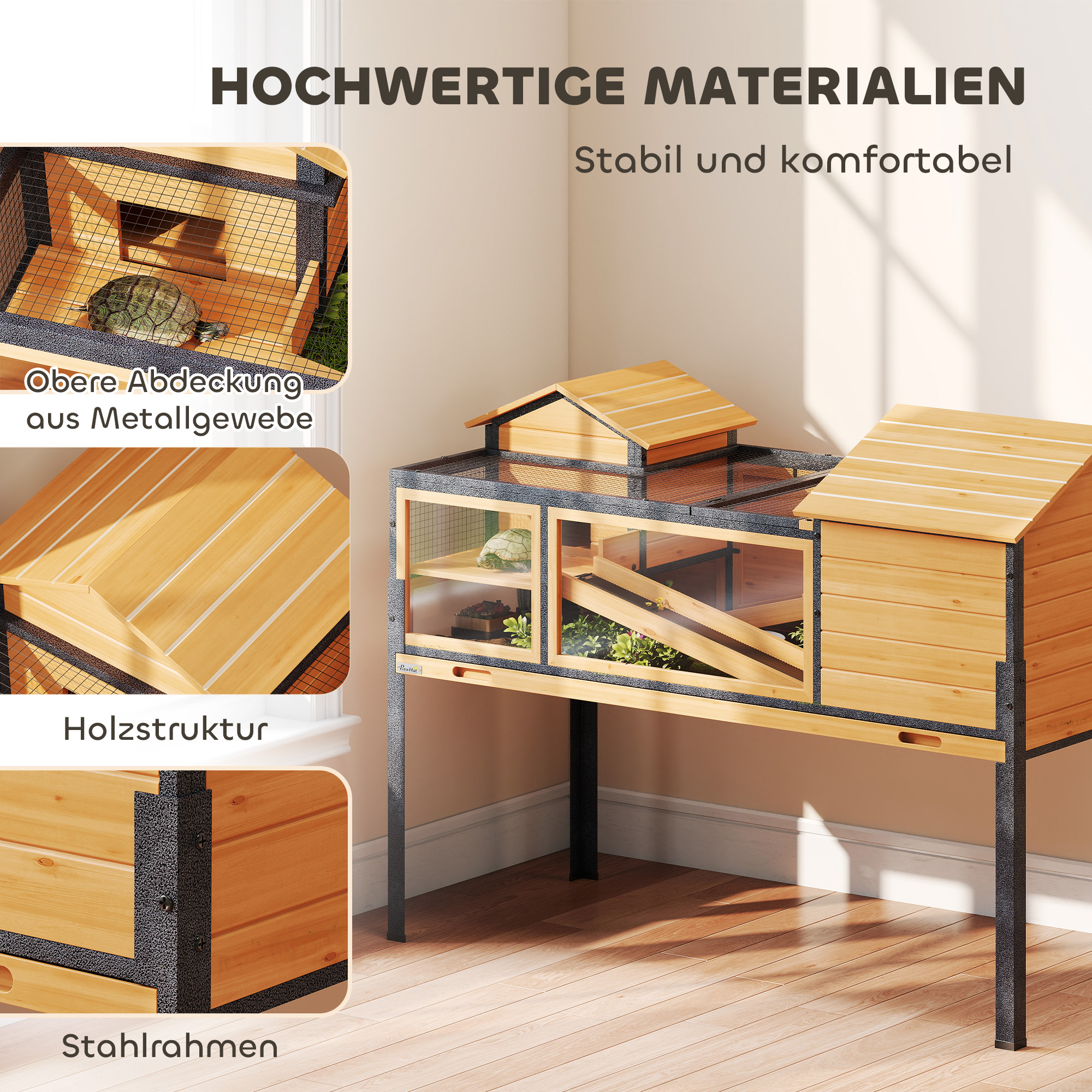 Schildkrötenhaus, Kleintiergehege, 2 Räume, 2 Stockwerke, Fenster, Rampen, Zubehör, Holz, Stahl, Gelb