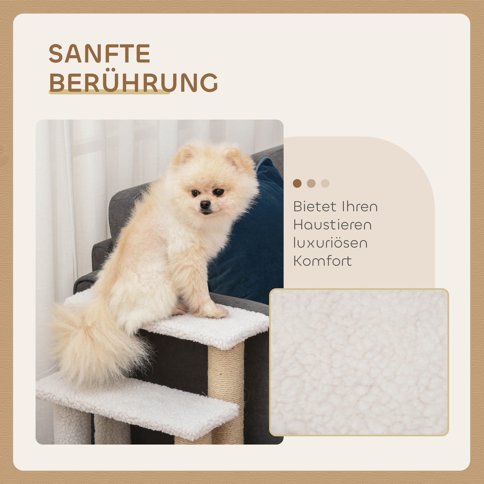 Katzentreppe 4-stufige Haustiertreppe mit Kratzsäulen Ball Hundetreppe Tiertreppe für Katzen bis 5 kg Plüsch Jute Weiß 60 x 40 x 64 cm