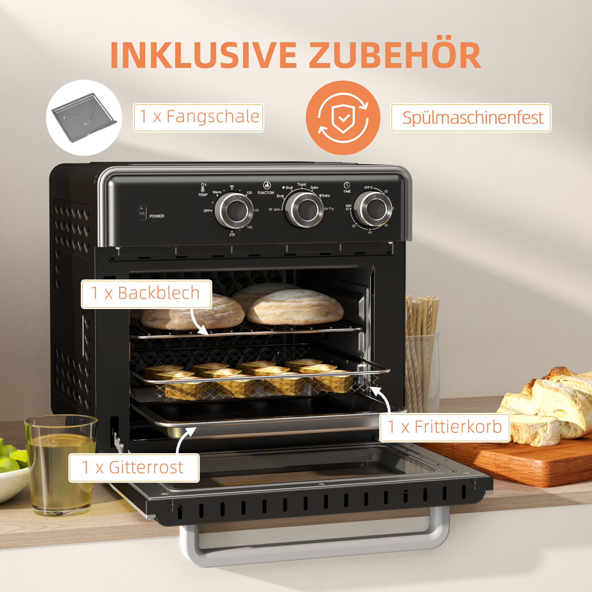 Minibackofen, 20L, 5 Funktionen, 360° Heißluft, Grillrost, Krümelblech, Schwarz