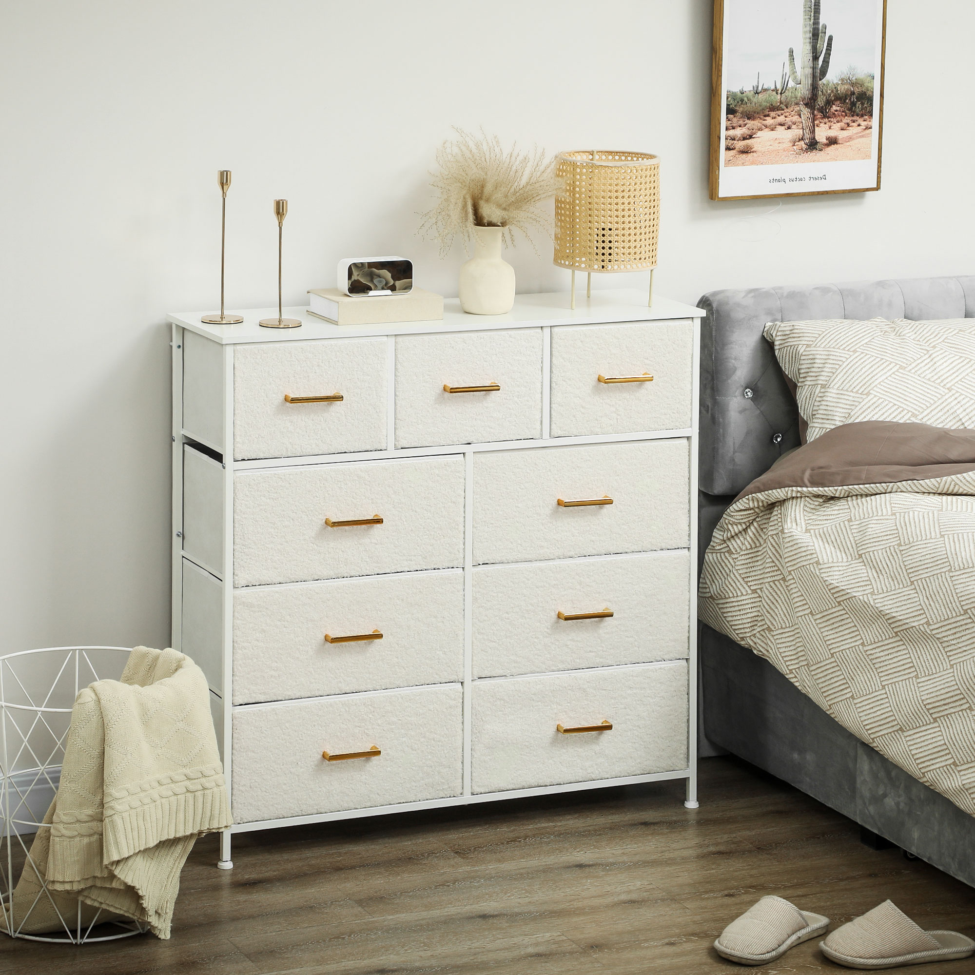 Stoffkommode, 9 Schubladen, Stahlrahmen, elegant, vielseitig, Weiß