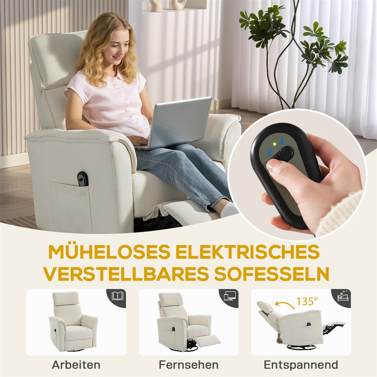 Relaxsessel Elektrisch mit Liegefunktion, Verstellbare Rückenlehne, Kopfstütze für Wohnzimmer Cremeweiß