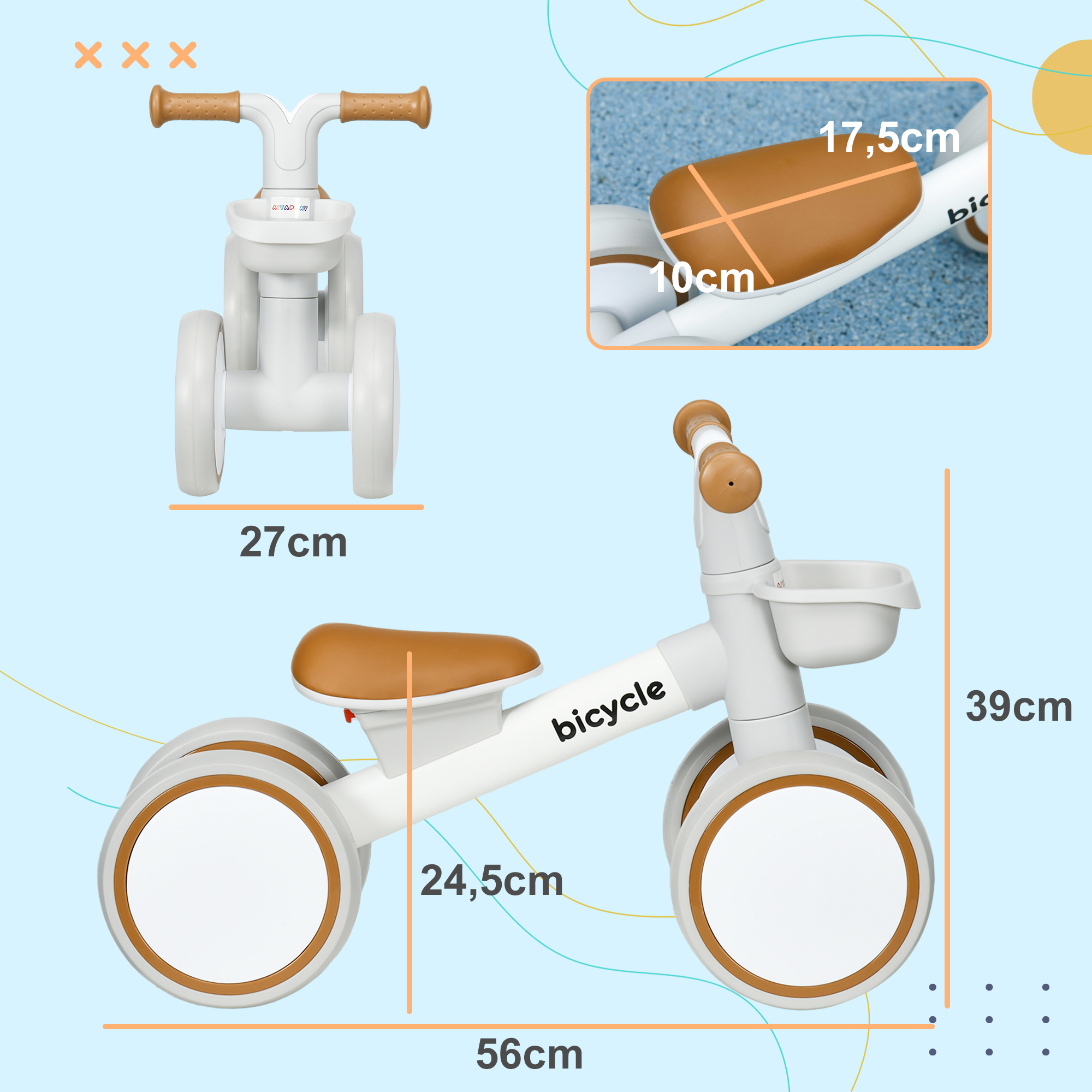 Laufrad, verstellbarer Sitz, Flüsterräder, für 1-3 Jahre, bis 20 kg, Braun/Weiß