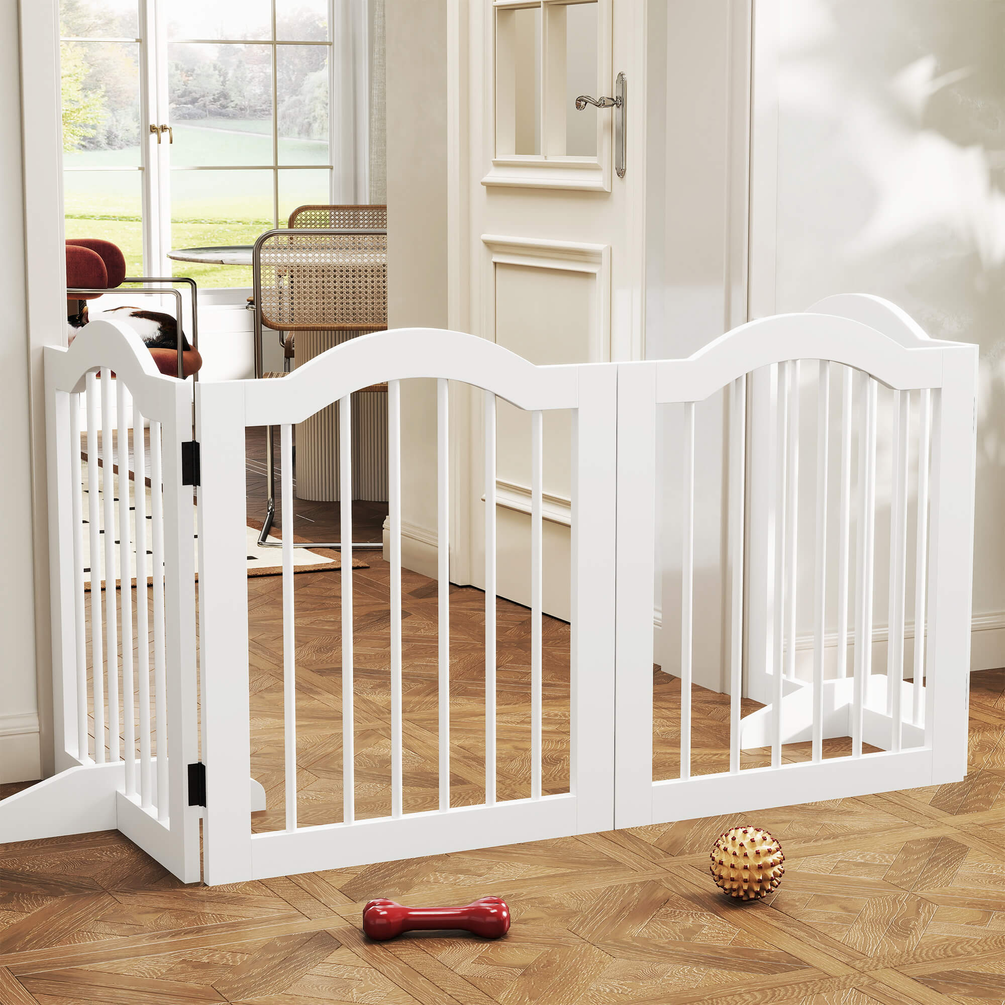 Faltbares Hunde-Absperrgitter, 4 Paneele, für Treppen, Flure, Türen, MDF/Massivholz, Weiß