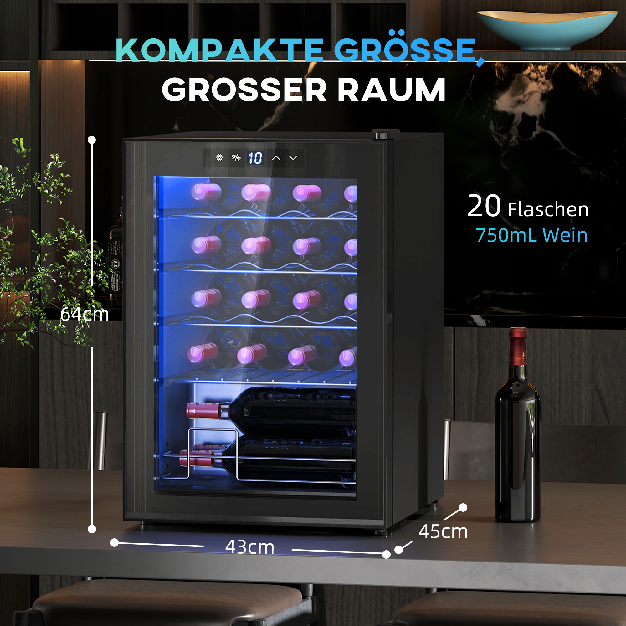 Weinkühlschrank, Mini-Kühlschrank für 20 Flaschen, 53 Liter Kapazität, mit Glastür, LED-Beleuchtung, Schwarz