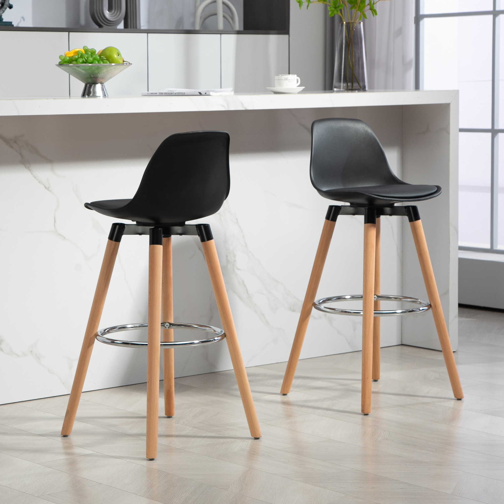 2er-Set Barhocker Barstühle Skandi-Design, Fußtstütze, 43 cm x 43 cm x 91 cm, Natur + Schwarz