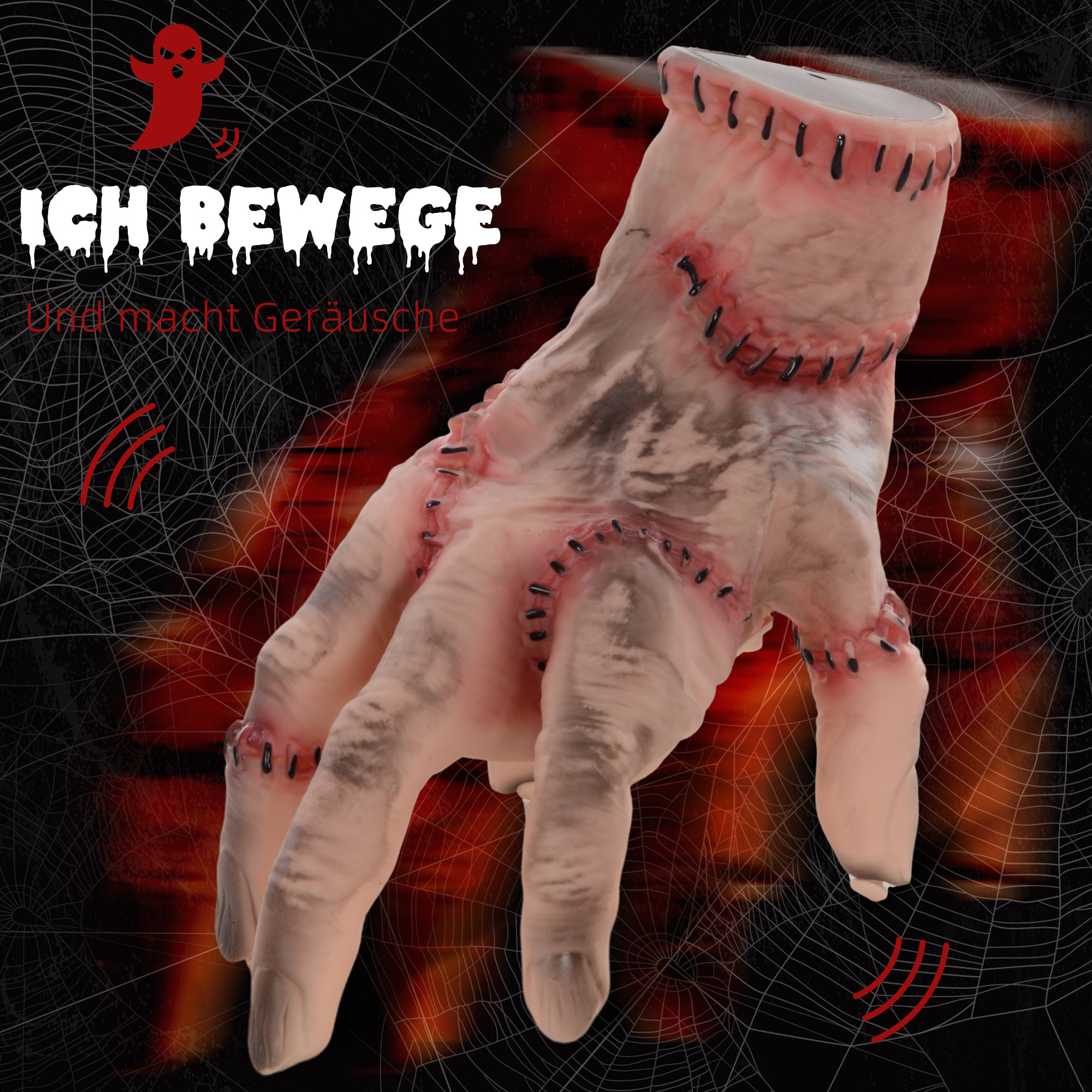 Horror-Hand, Helloweendeko, aktiviert mit Geräusche/Berührung, beweglich, Sound