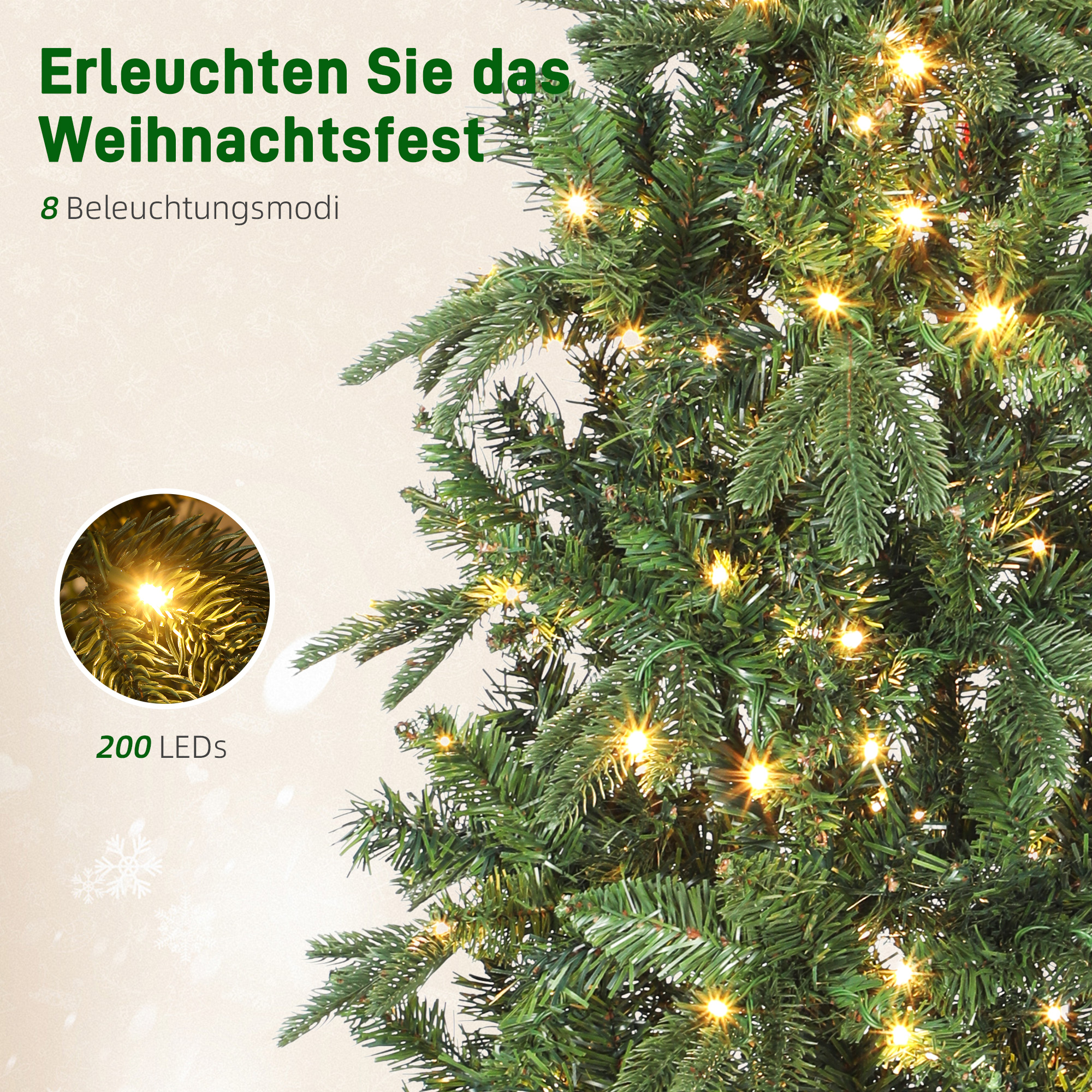 Weihnachtsbaum künstlich 180 cm Christbaum mit 605 dichten Zweigen, 200 warmweiß LED Indoor