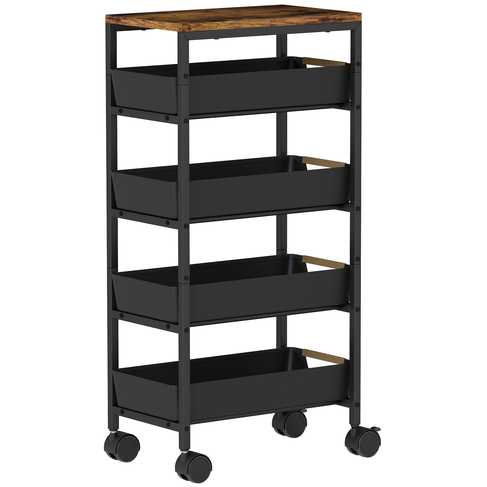 5-stufiger Küchenwagen, Holzoptik, rollbar, Metallrahmen, 4 Schubladen, Schwarz