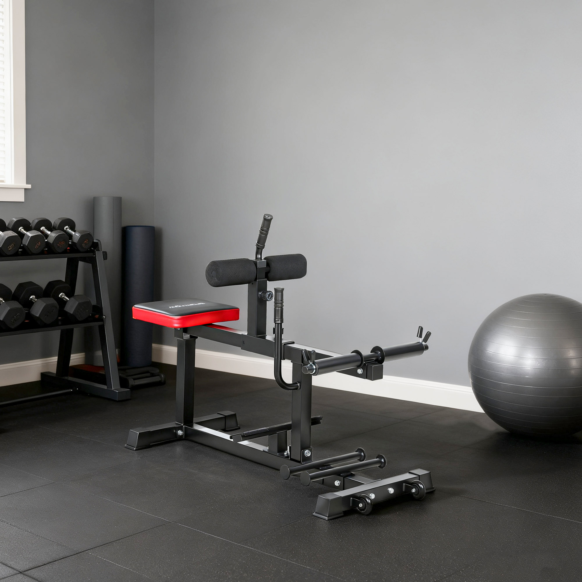 Beintrainings-Bank, Wadenhebemaschine, mit Rädern, Sportequipment für Fitness-Übungen zuhause, Stahl, Schwarz