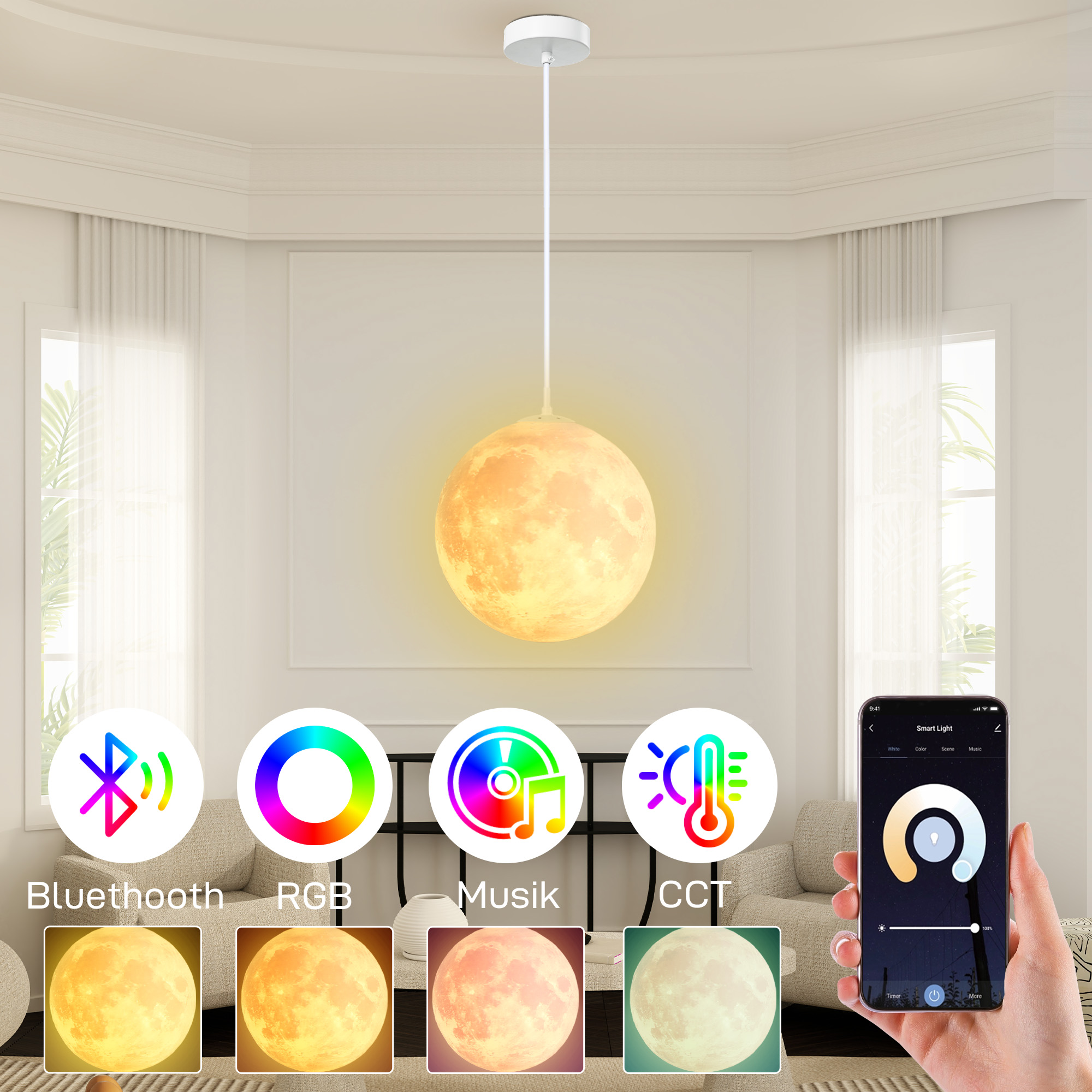Mondlampe, 3D-Druck, App-Steuerung, Musik-kompatibel, verschiedene Licht-Modi, Weiß