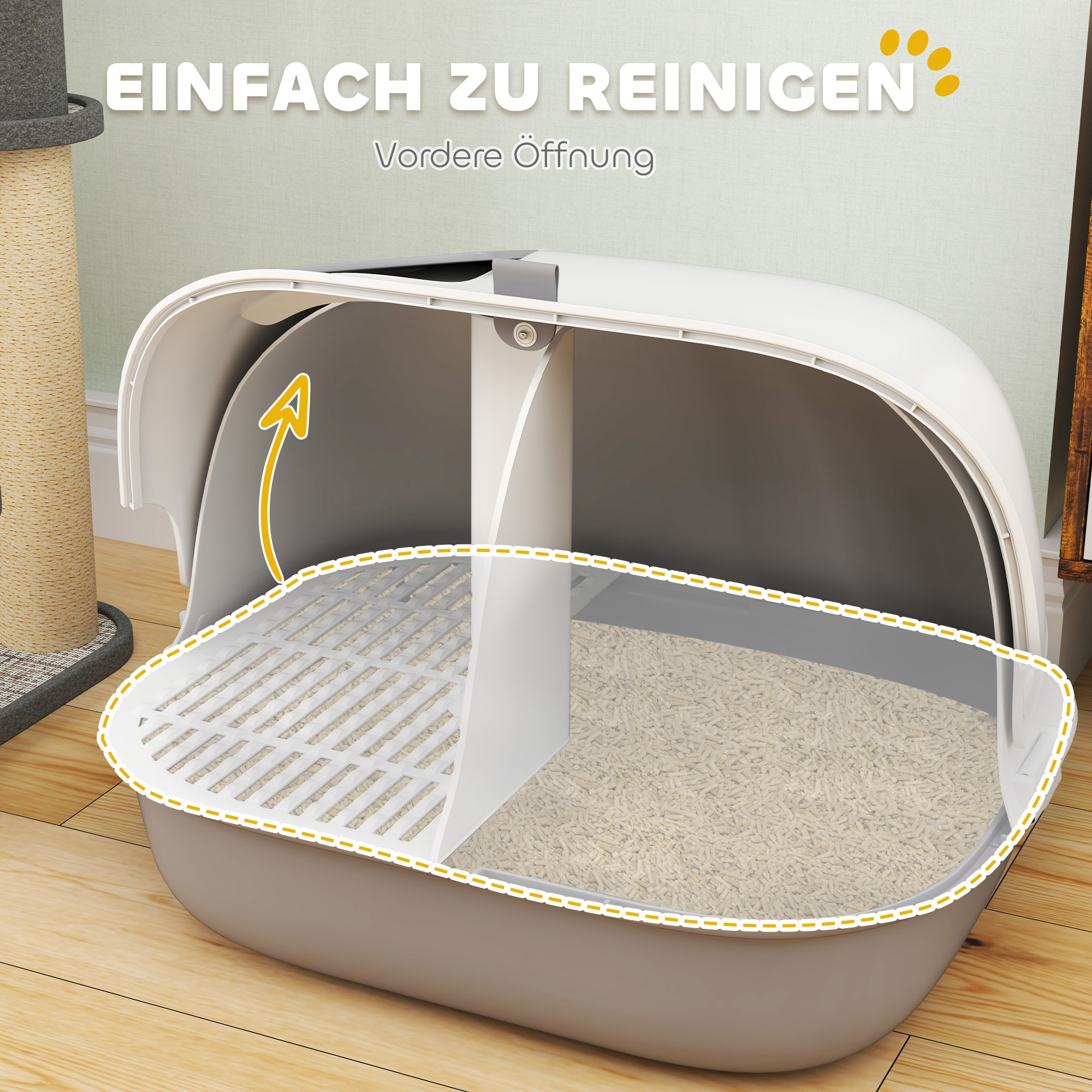 Katzentoilette mit Deckel, Katzenklo mit internem Kanal, Tür, Schaufel, leicht zu reinigen, Kunststoff, Hellgrau