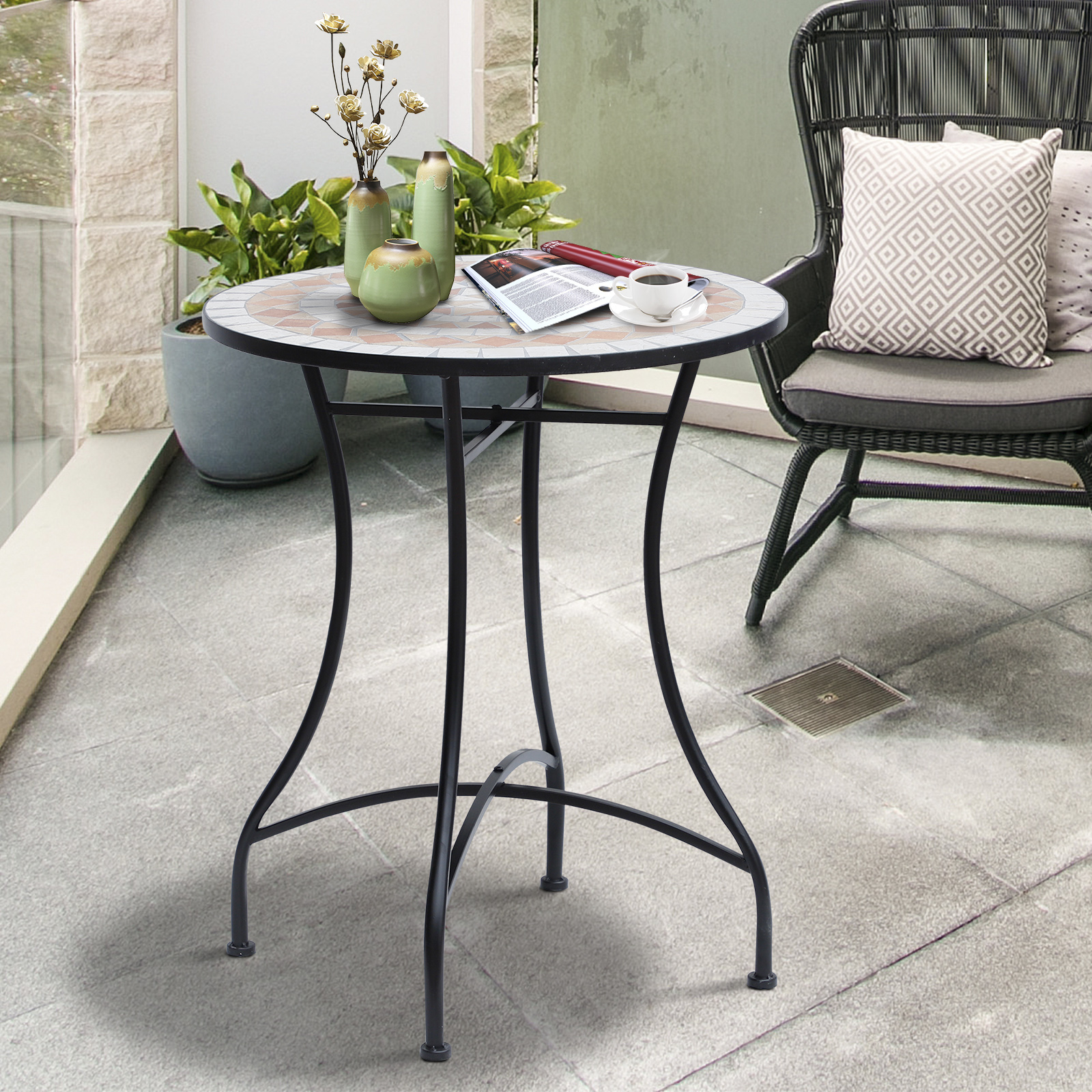 Gartentisch Mosaiktisch Balkontisch Beistelltisch Seviertisch rund Stahl + Keramik Orange + Weiß Ø60 x H71 cm