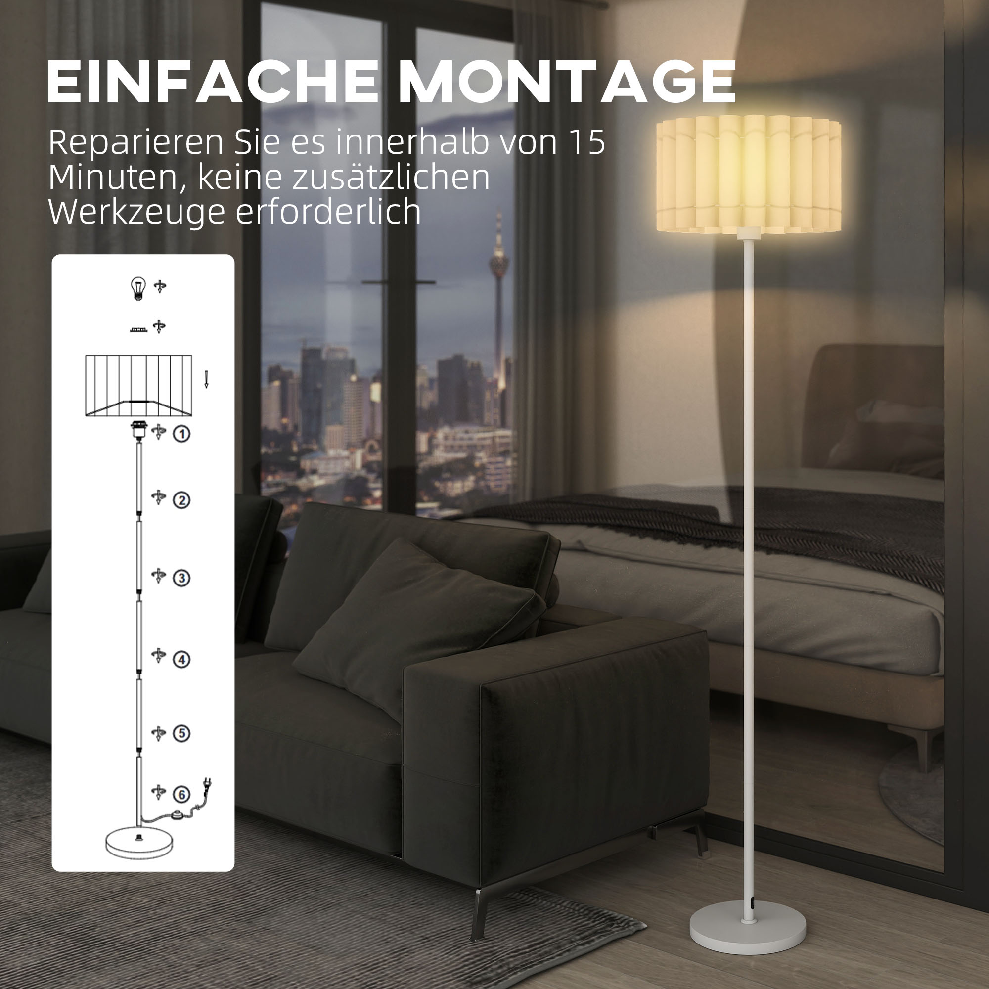 Stehlampe im Retro-Stil, Kunststoff-Lampenschirm, Fußschalter, Metallstab, Weiß