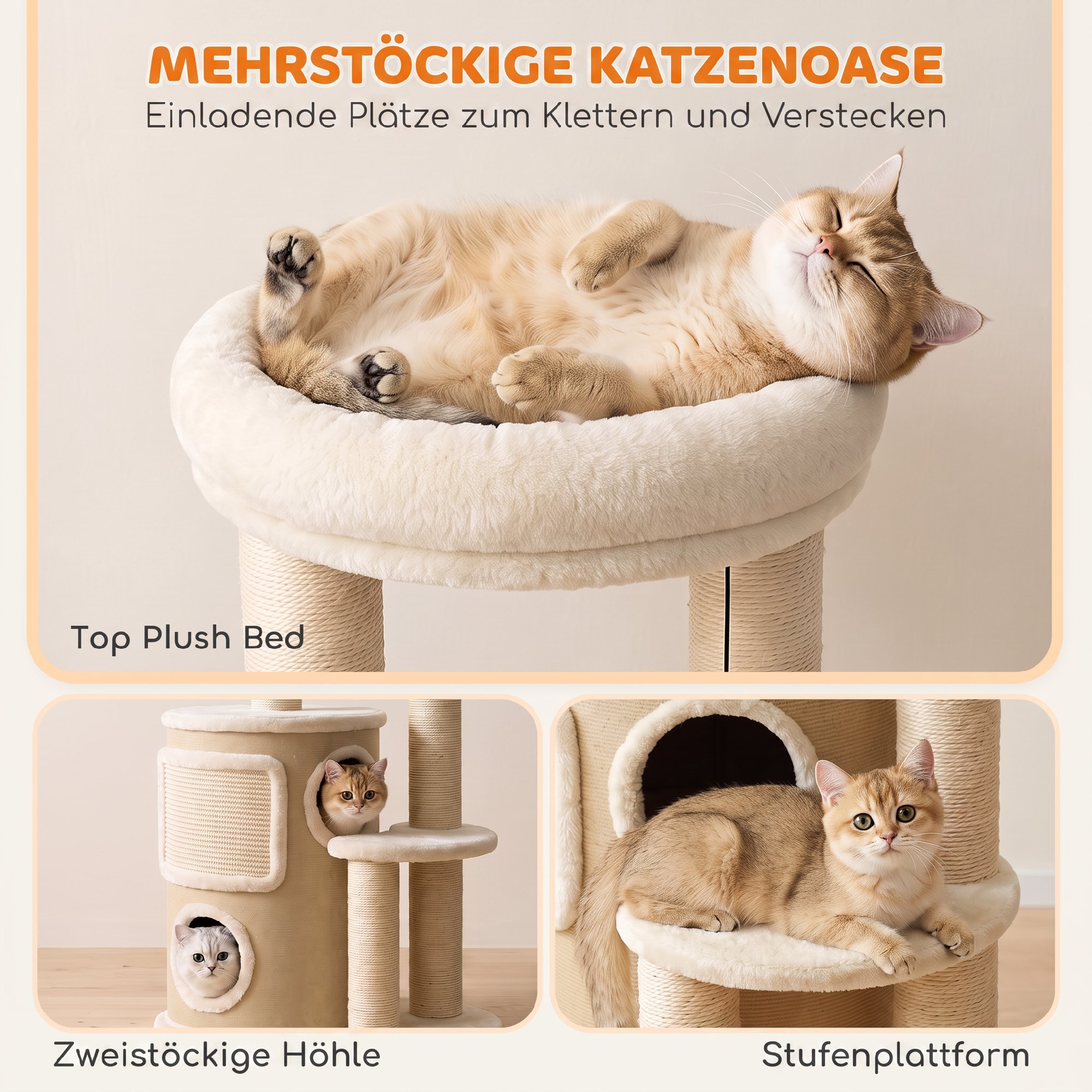 Kratzbaum mit 2-stöckiger Kratztonne Katzenbaum mit Sisal-Kratzpfosten, Plattform Sisalbrett Spielball, für Katzen 5kg