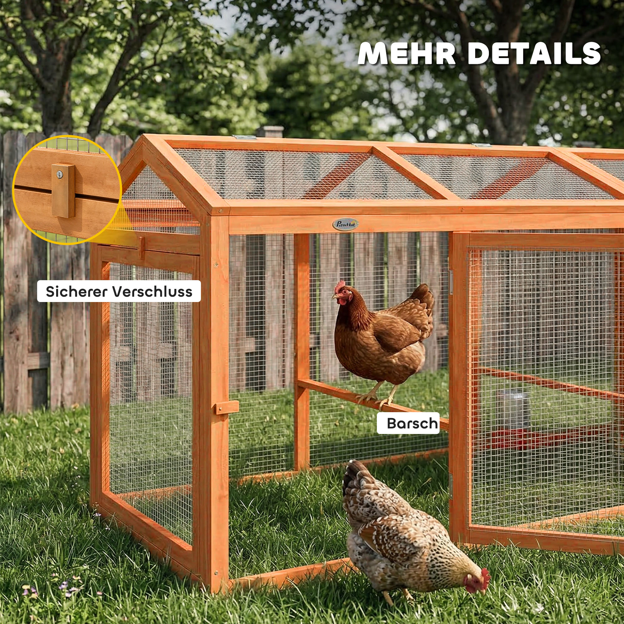 Hühnerstall Freilaufgehege mit Sitzstange Doppeltüren, aus Holz und Metall, für 4 Hühner, 156 x 70,5 x 84 cm Orange