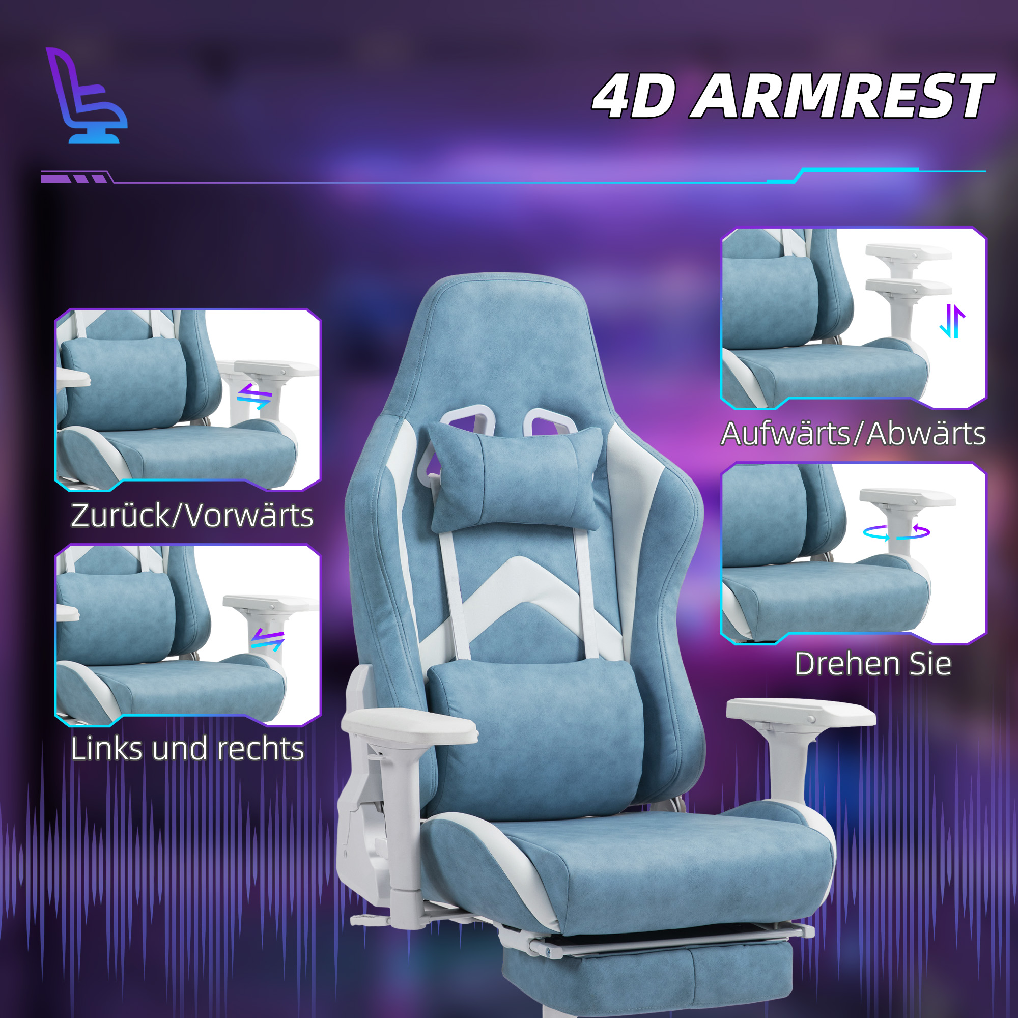 Gaming-Sessel, verstellbare Armlehnen & Rückenlehne, Kunstlederbezug, bis 120 kg, Blau
