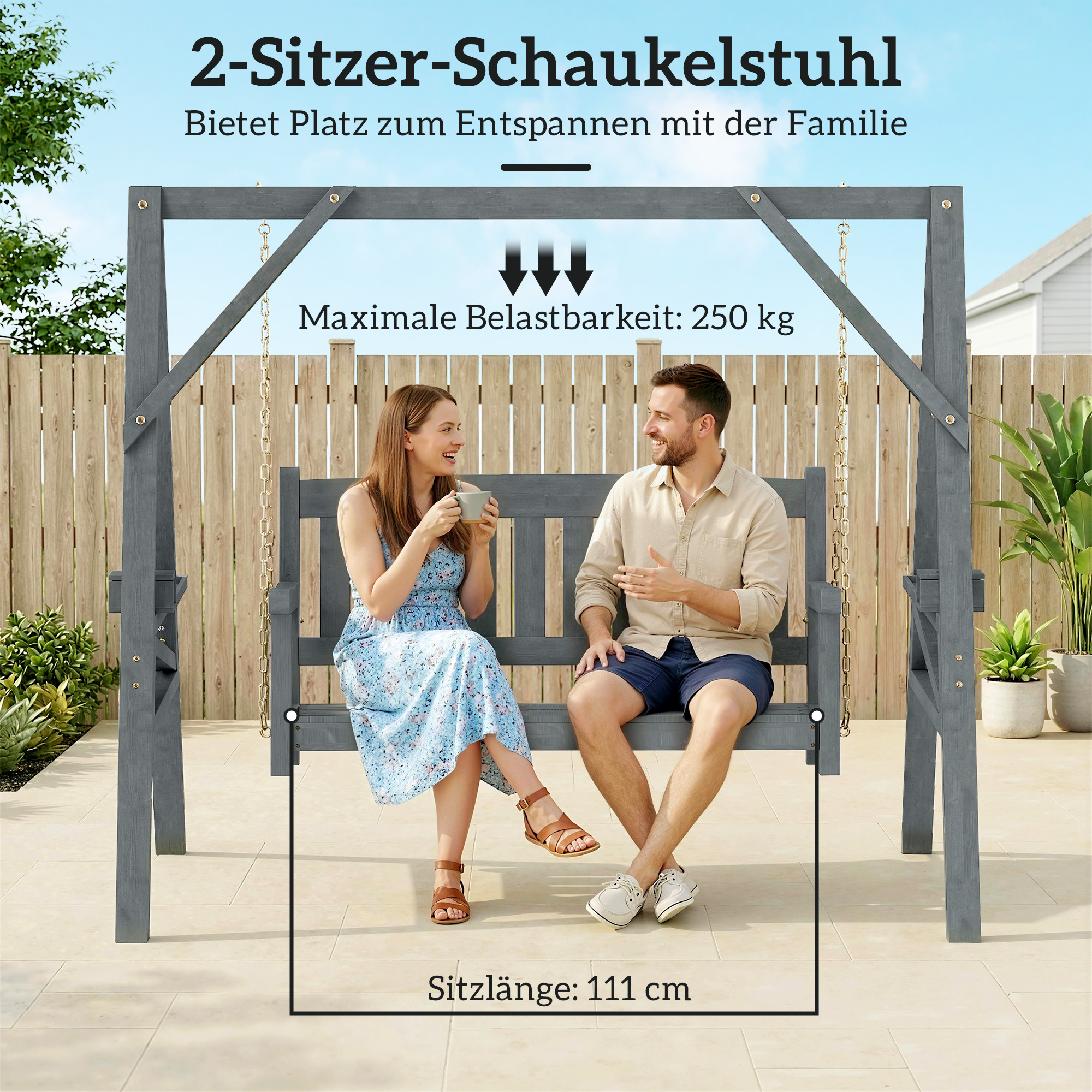 2-Sitzer Gartenschaukel, Holzschaukelbank mit Ablagen, Getränkehalter und Metallketten, Grau