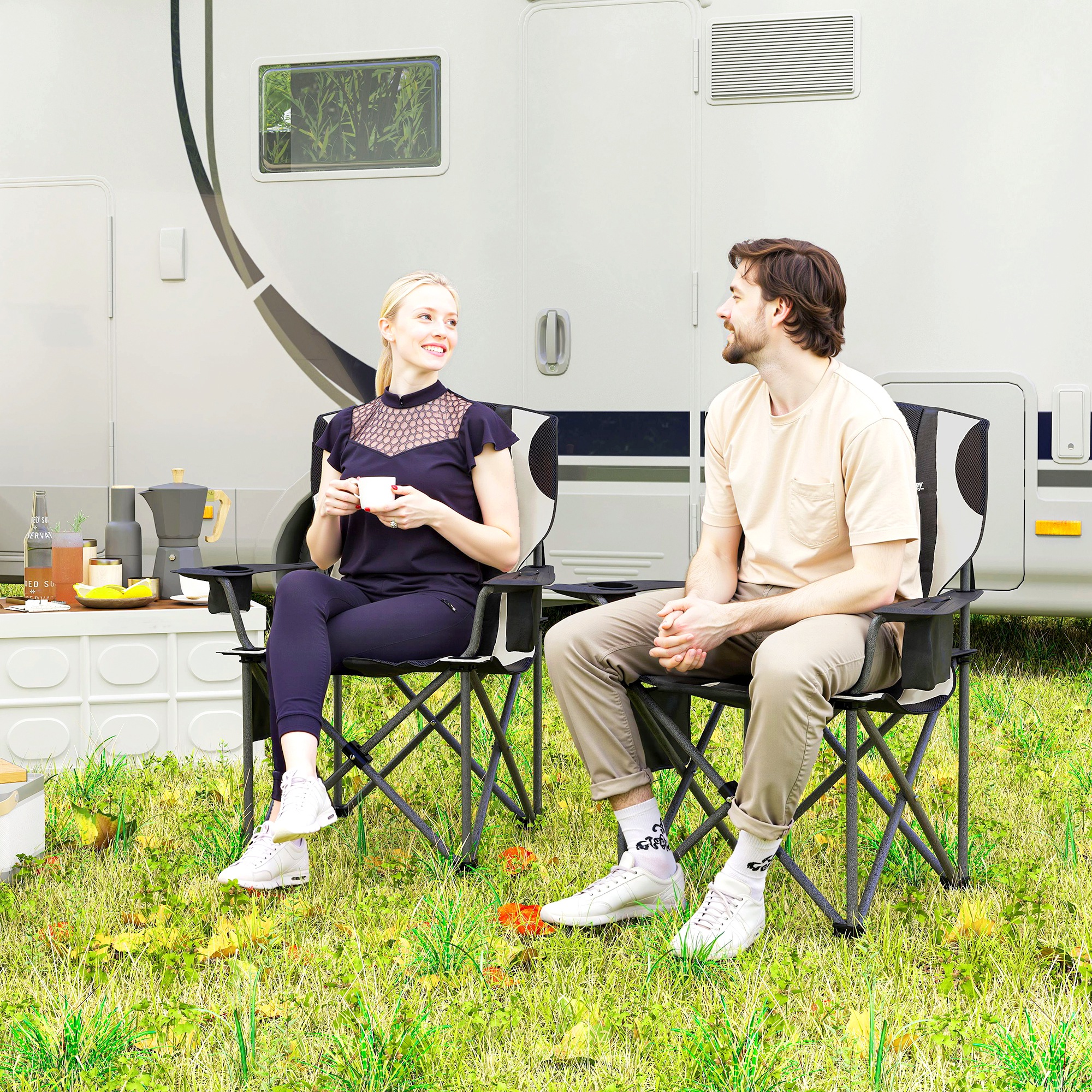 2er Set Faltstuhl faltbar Campingstuhl mit Armlehnen Getränkehalter Kopfstütze Kühltasche Schwarz