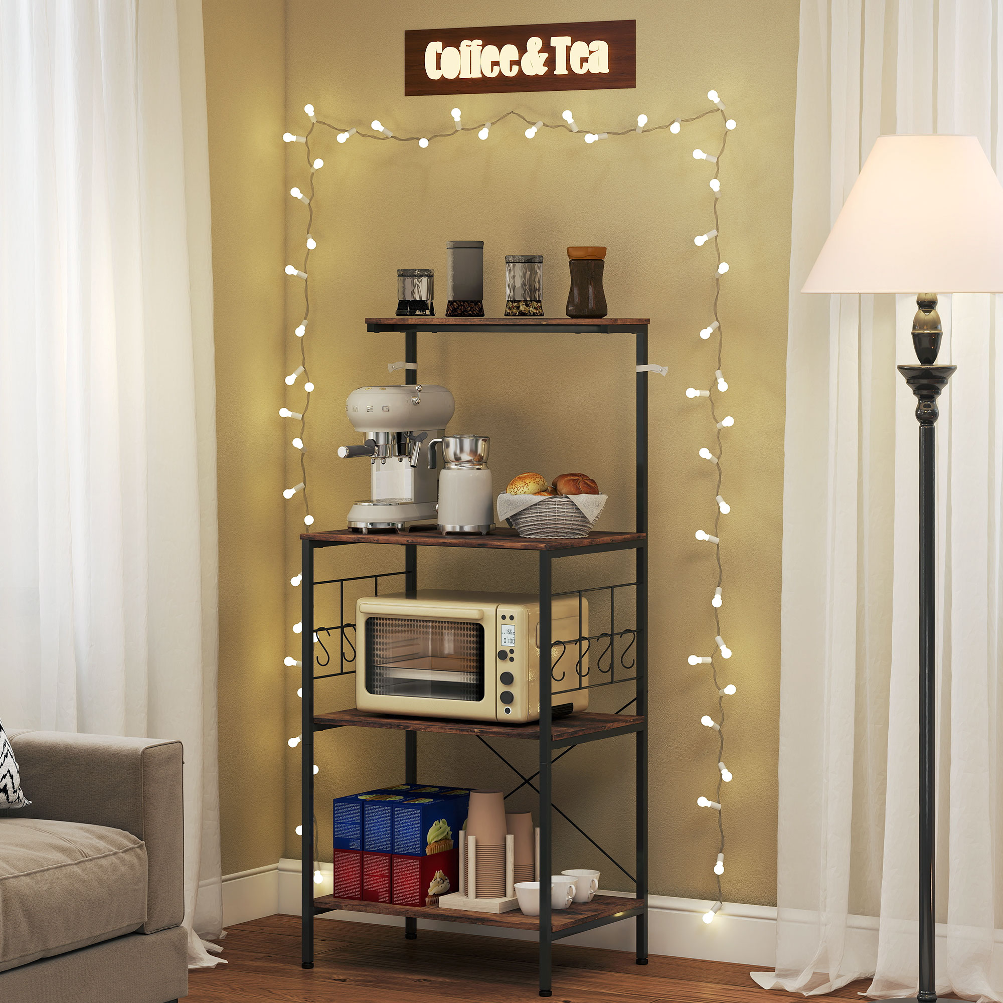 Küchenregal, 4-stufiges Design, Arbeitsplatte, 8 Haken, Metallrohre, Braun+Schwarz