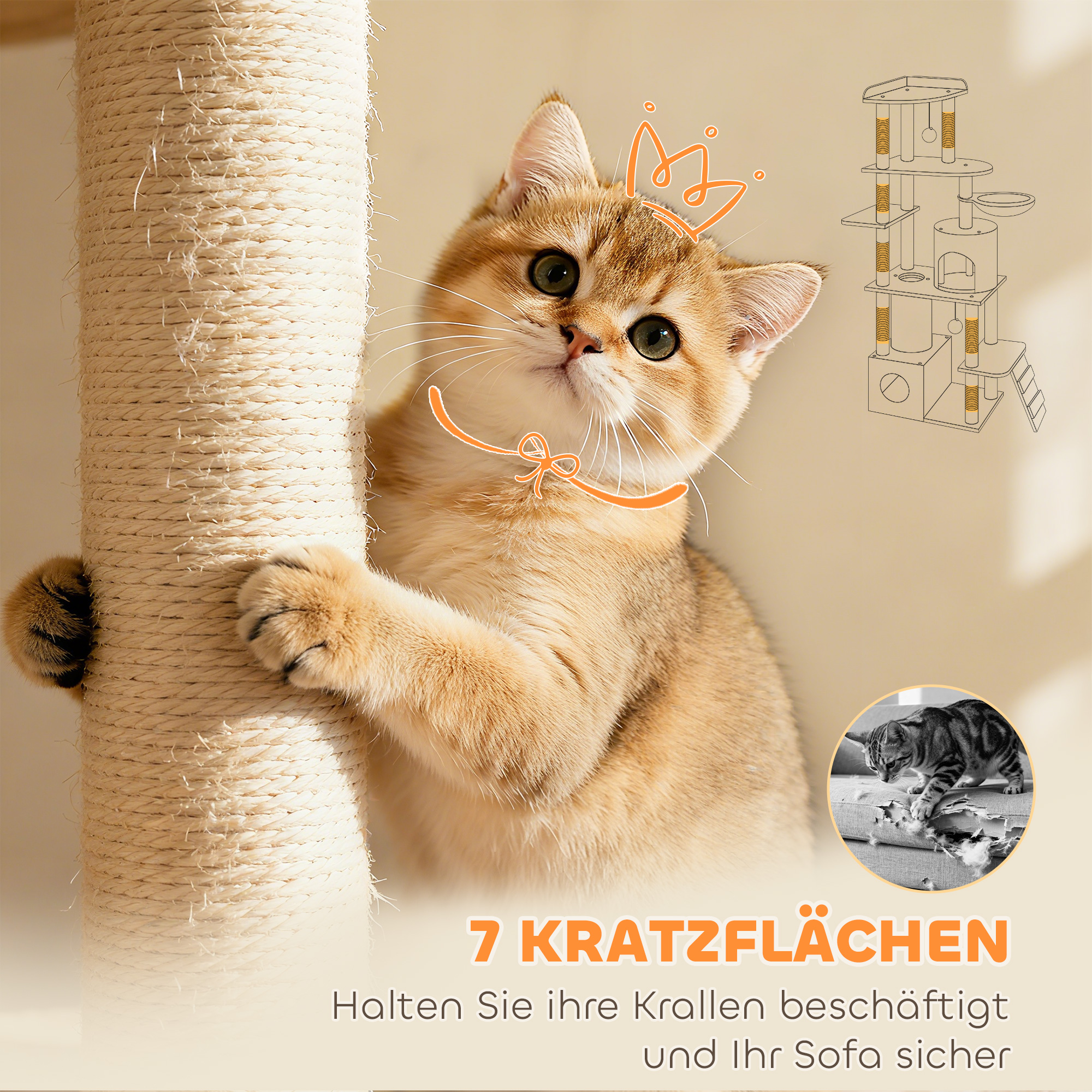 Katzenkratzbaum, 170 cm, Tunnel, Höhlen, große Basis, Sisalpfosten, Hellgrau