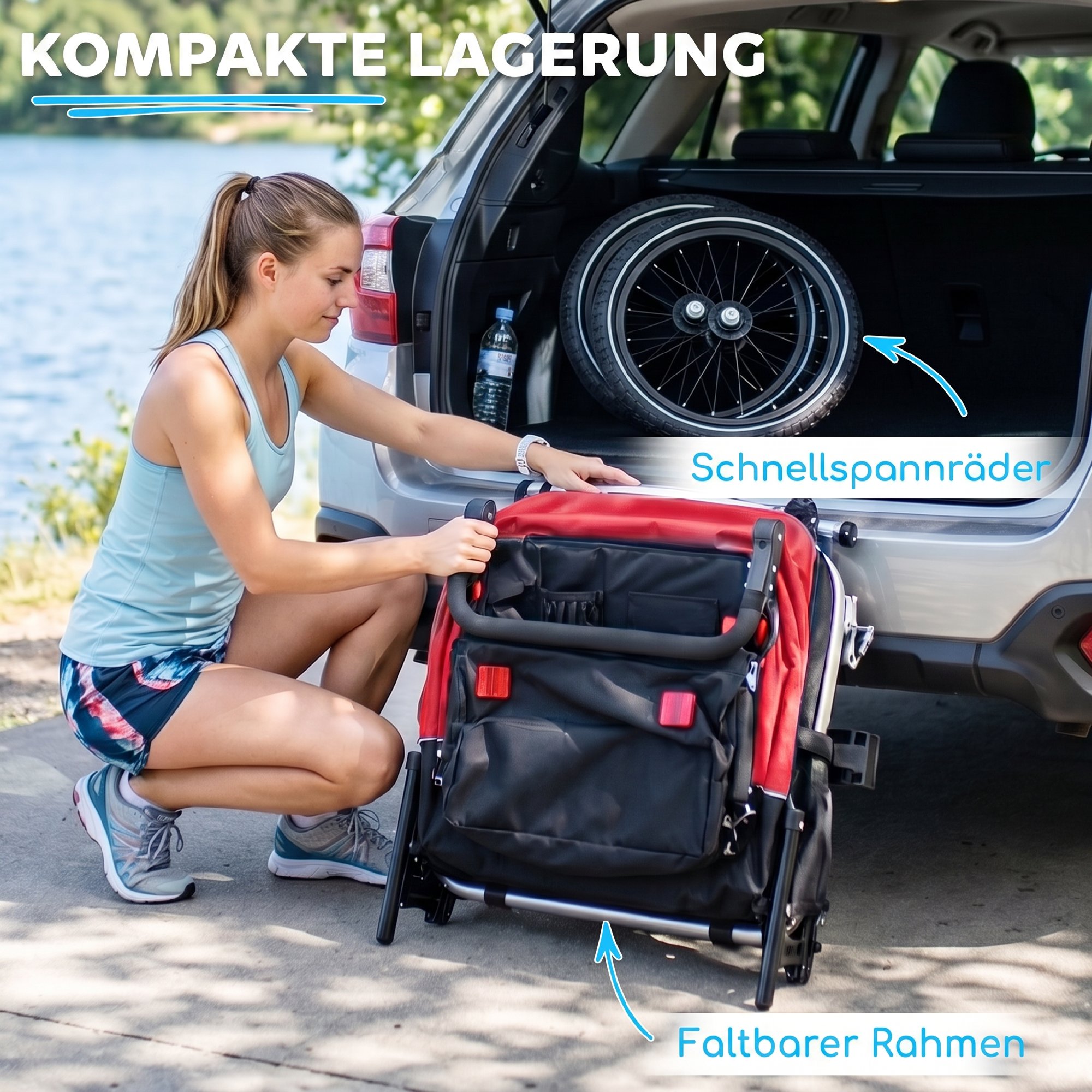 Fahrradanhänger für Kinder, 2-Sitzer, 2-in-1 faltbarer Kinderfahrradanhänger mit verstellbarem Sitz und Gurten, Rot