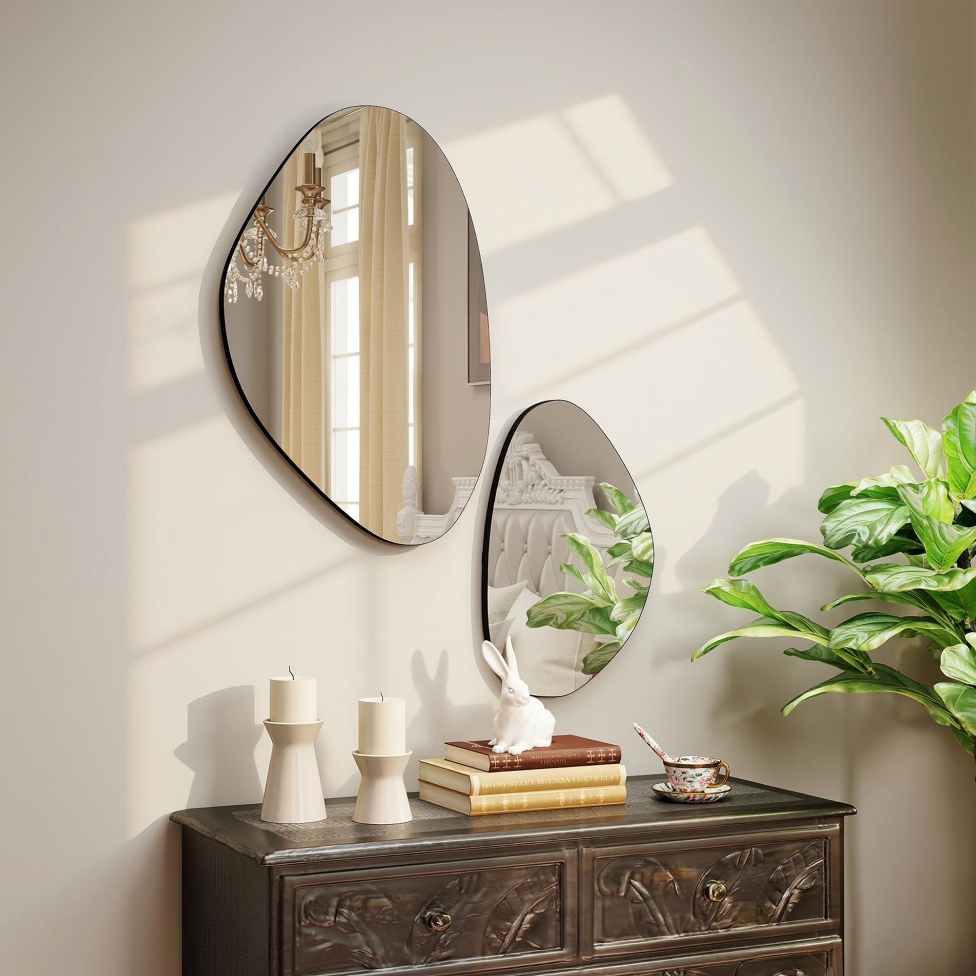 Wandspiegel 2er-Set 70 x 46 cm, 49,5 x 31 cm Fenster Spiegel mit Metallrahmen Hängespiegel in Kieselform, Schwarz