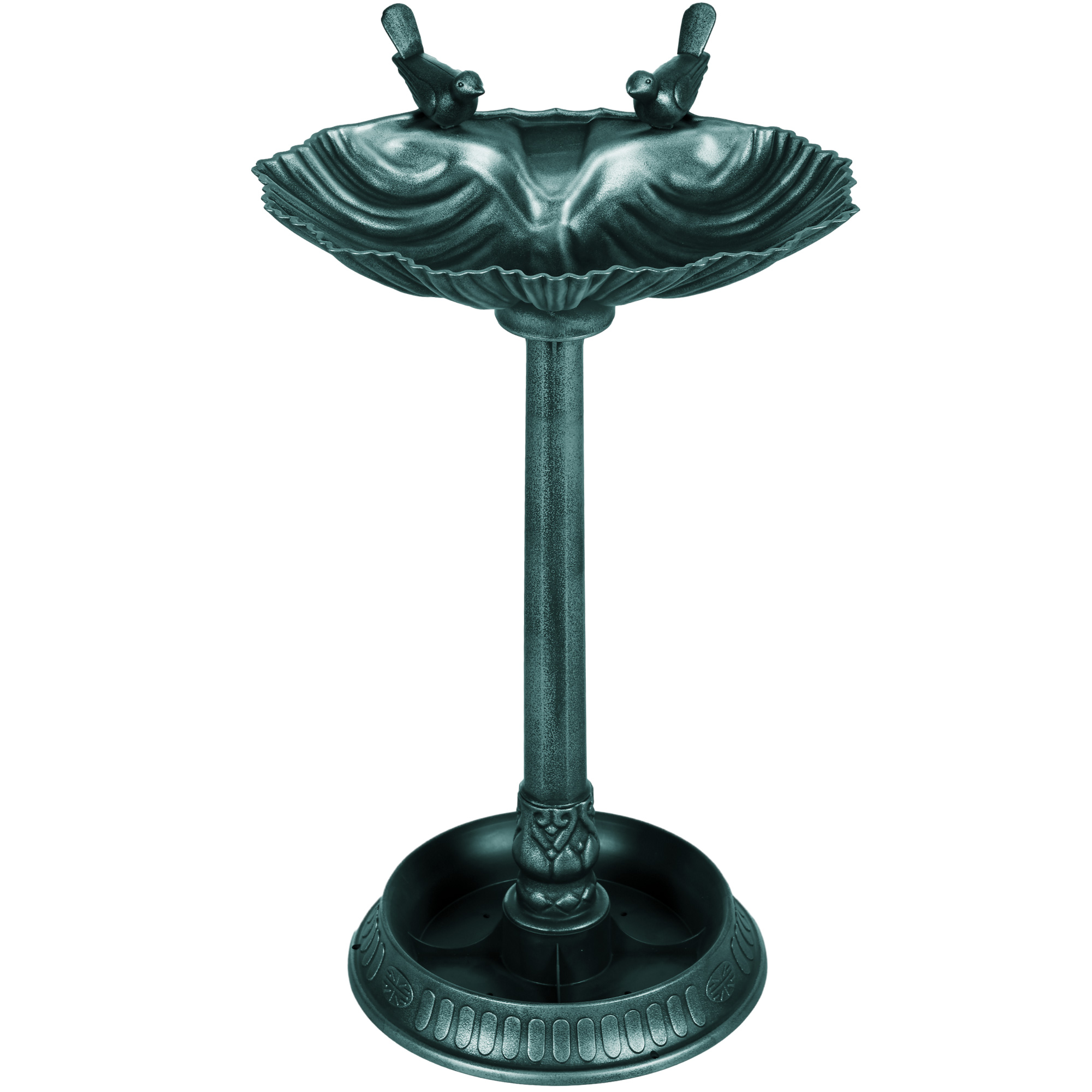 Vogeltränke, Vogelbad mit Statuen, 2 Becken, Kunststoff, antiker Look, 49,5L x 38B x 81H cm, Dunkelgrün