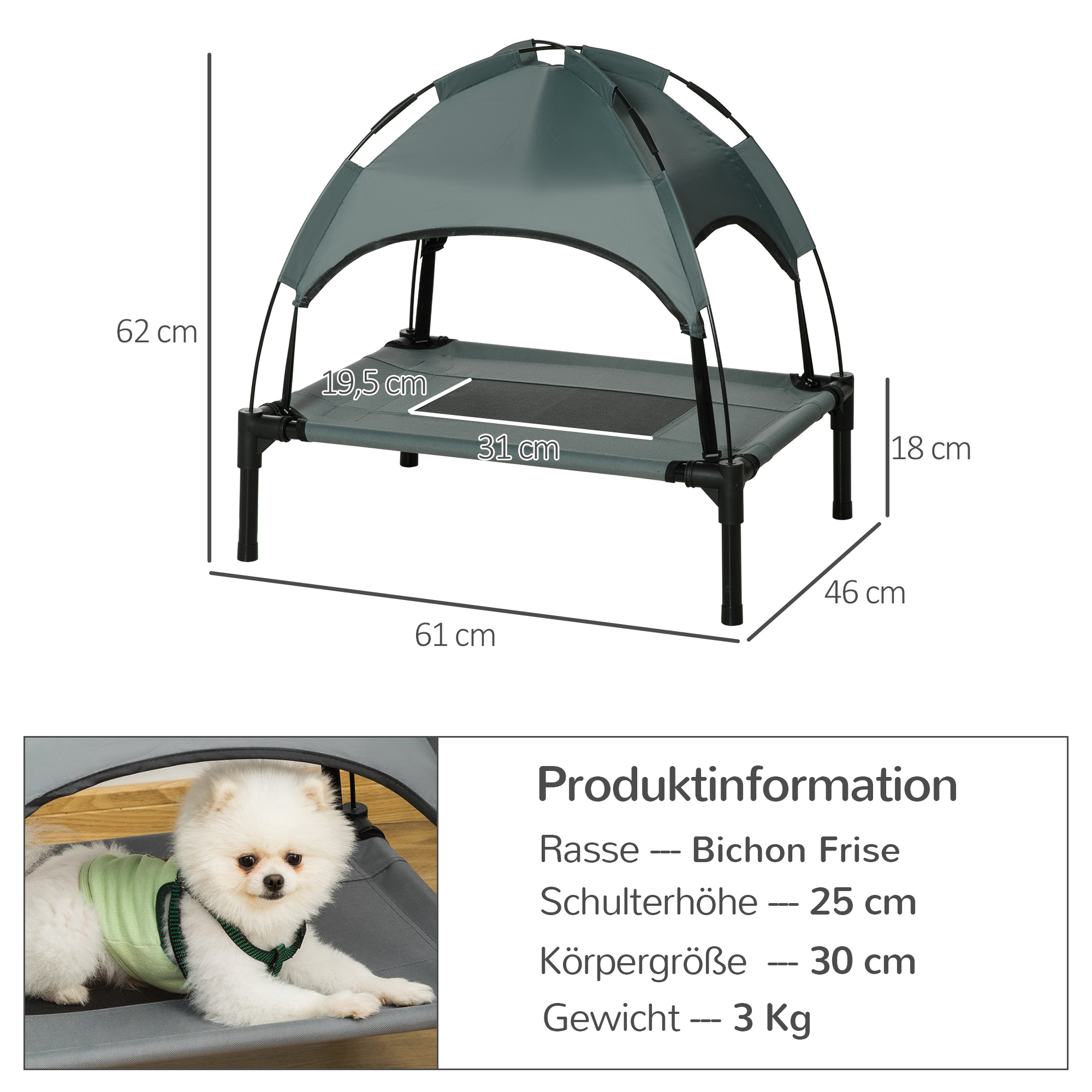 Erhöhtes Hundebett mit Baldachin, Haustierbett, Hundeliege outdoor mit Dach, Atmungsaktiv, Taftstoff für Camping Grau 61 x 46 x 62 cm