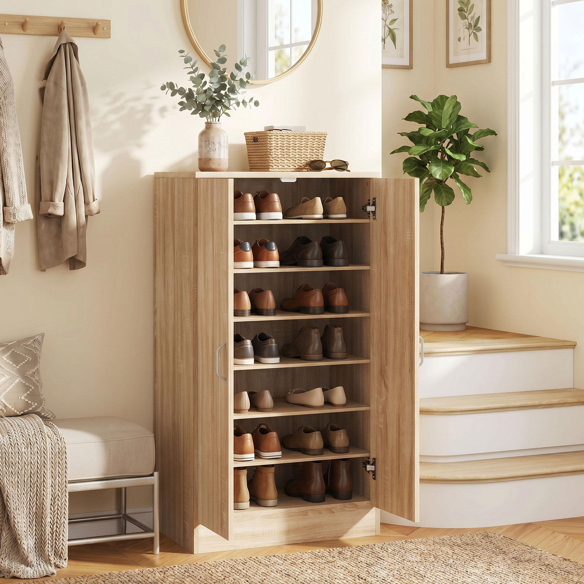 Schuhschrank mit 2 Türen, 6 verstellbare Regalböden, Soft-Close-Scharniere für 14 Paar Schuhe, Naturholz