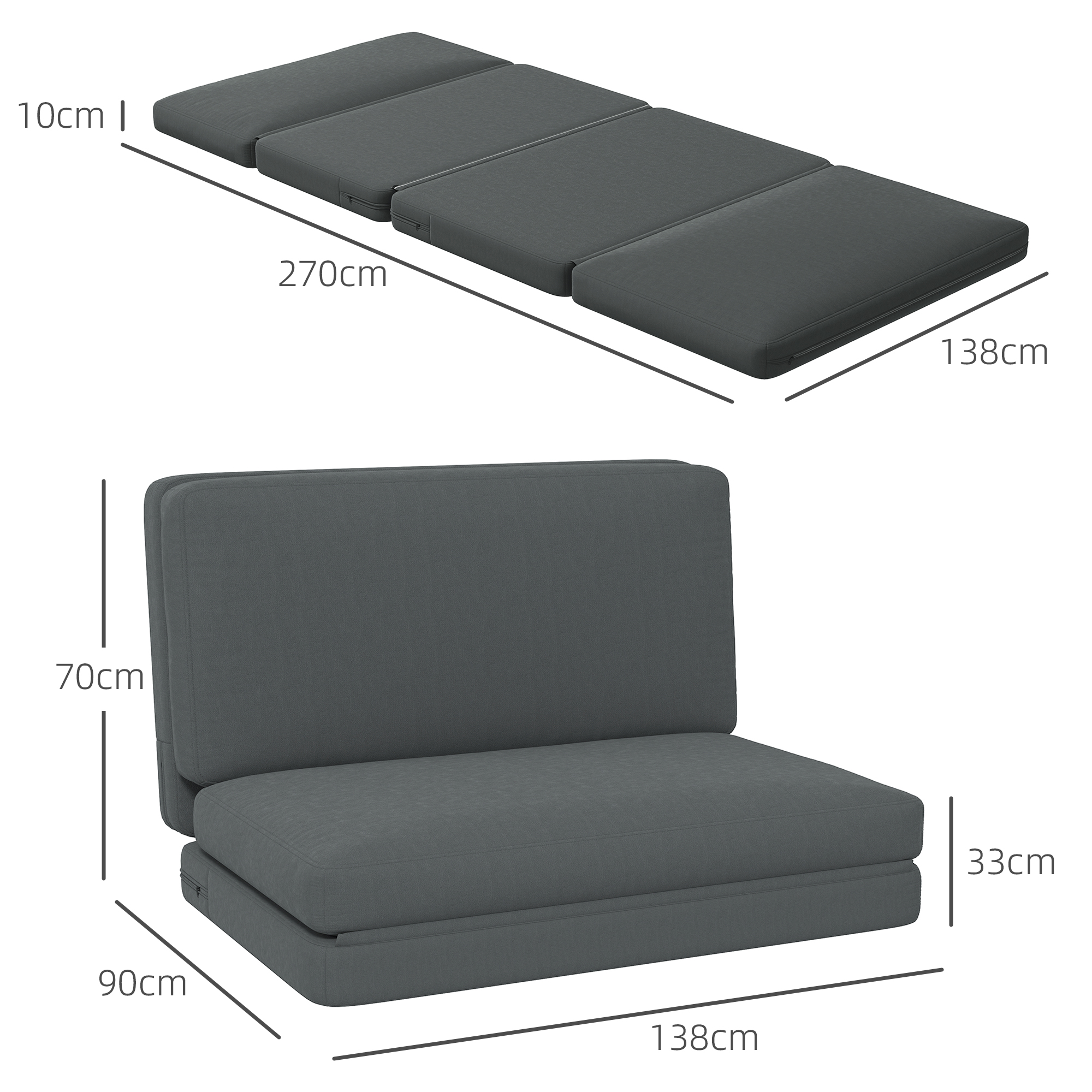 3-in-1 faltbarer Relaxsessel, Gästematratze, teilbar, 138 cm breit, Dunkelgrau