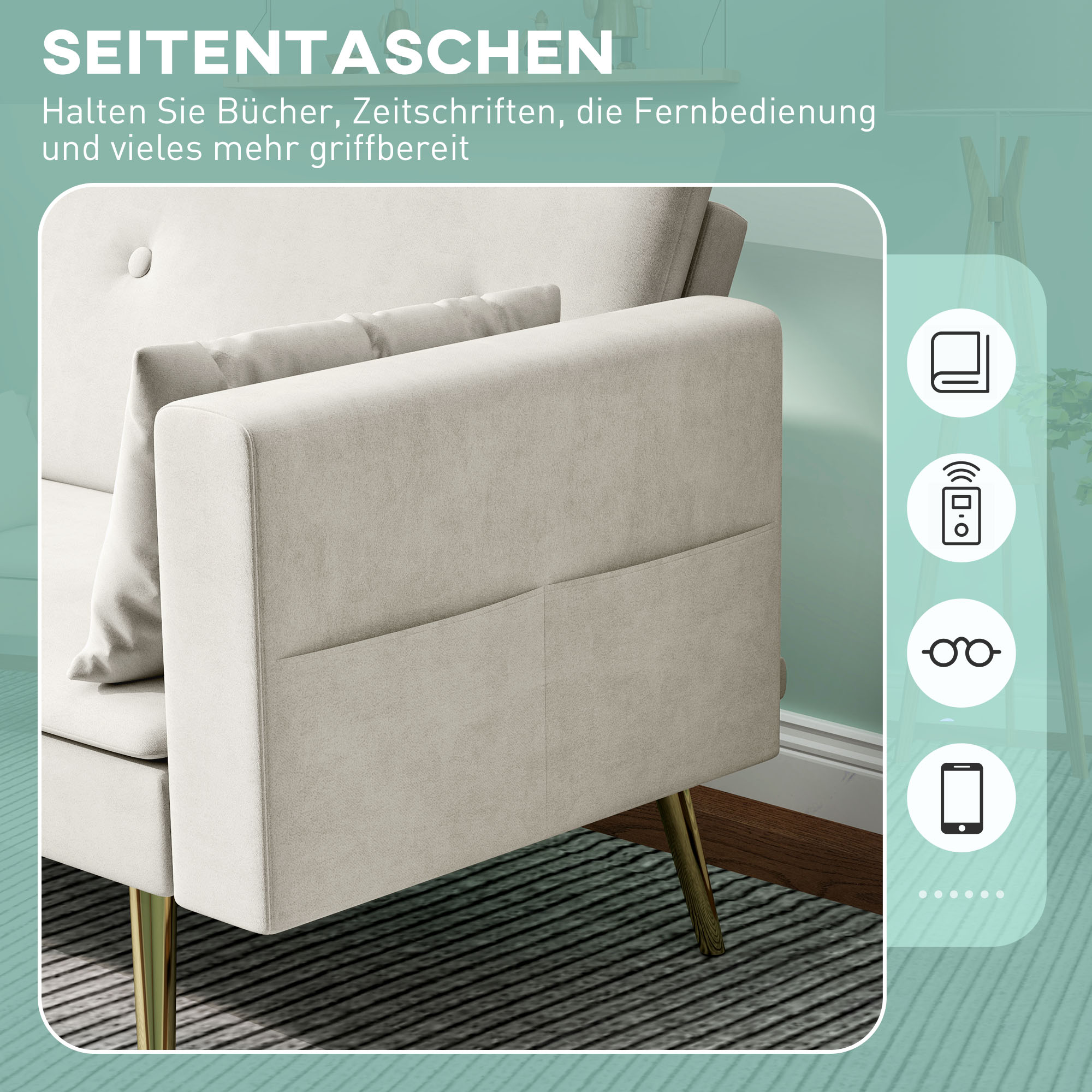 2-Sitzer Bettsofa, Verstellbare Rückenlehne, weiche Kissen, samtartiger Bezug, für Wohnzimmer, Gästezimmer, Beige