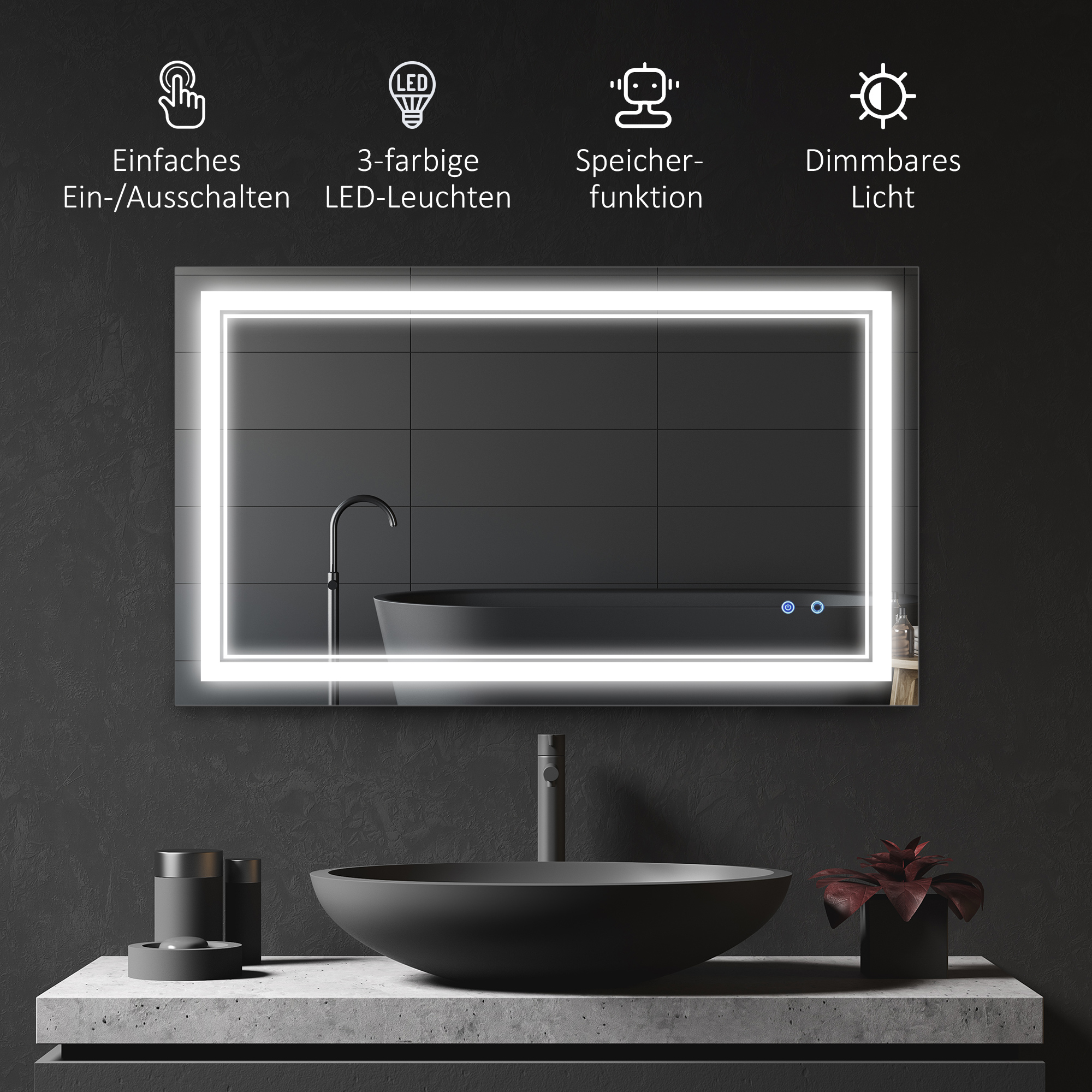 Badezimmerspiegel mit LED-Beleuchtung, Memoryfunktion, Berührungsschalter, Spritzwassergeschützt, Silber