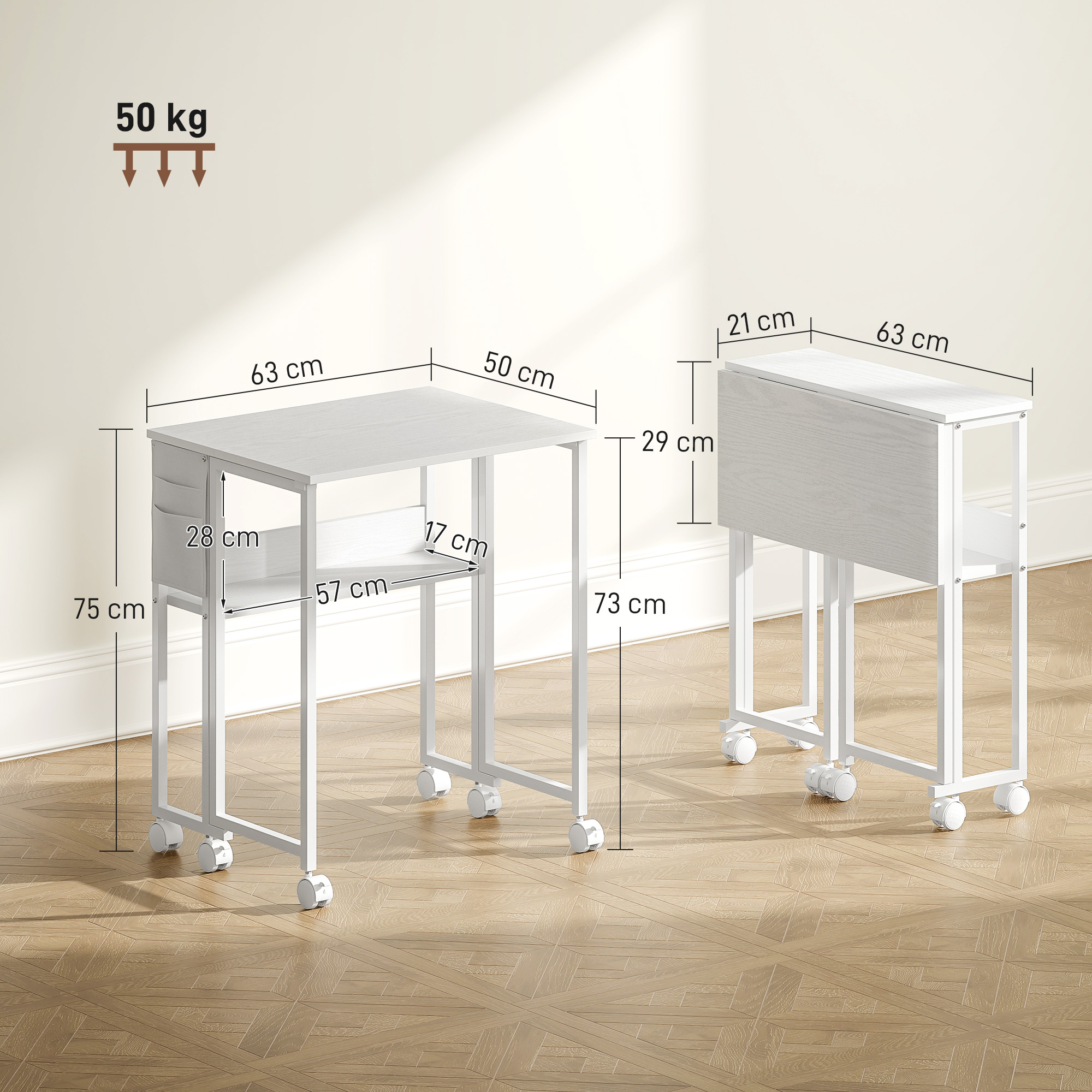 faltbarer Schreibtisch, zum Beistelltisch umwandelbar, offenes Regal, Weiß