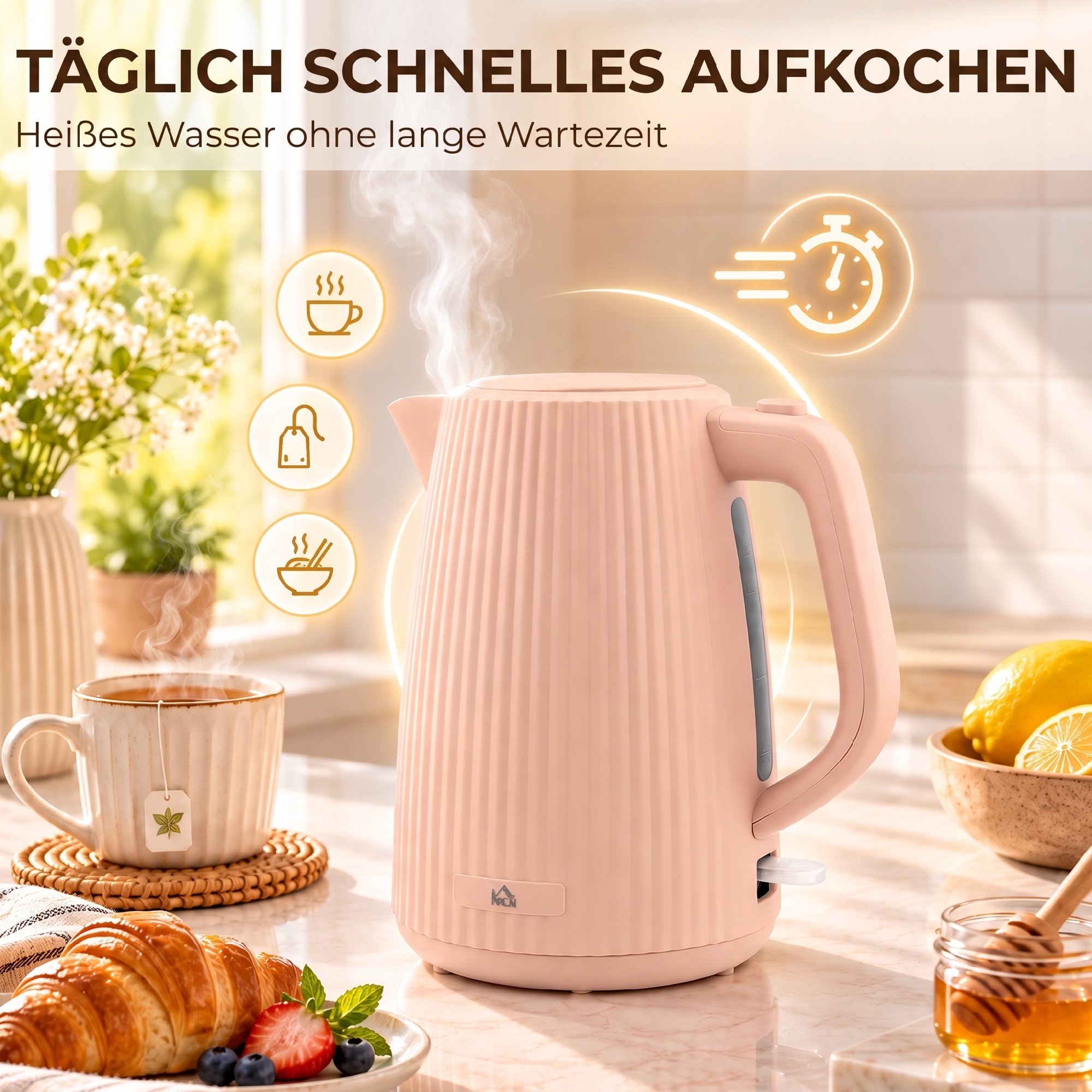 elektrischer Wasserkocher, 1,7L, Schnellkochfunktion, 2200W, mit herausnehmbarem Kalkfilter, Abschaltautomatik, Rosa