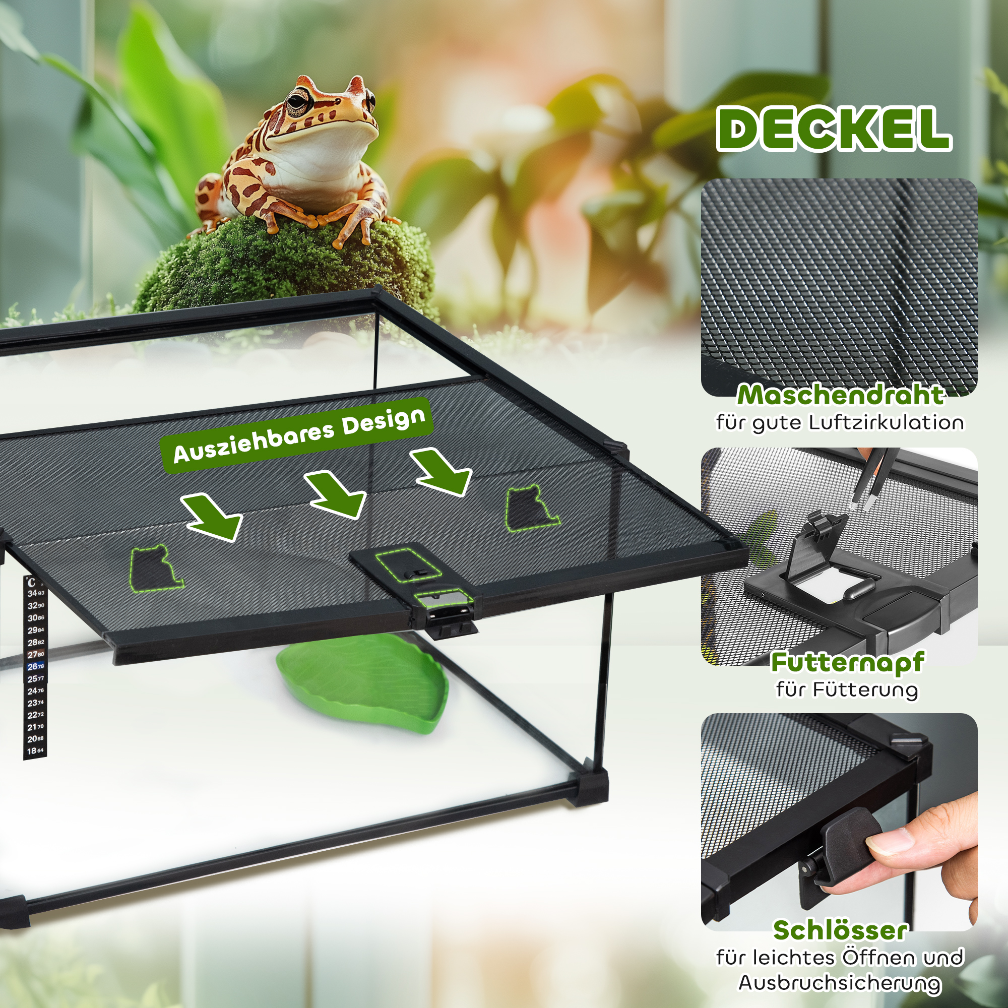 Reptilienbox Terrarium, inkl, Streifenthermometer, Fütterungsklappen, 50 cm x 30 cm x 25 cm, Glas + Metall, Schwarz
