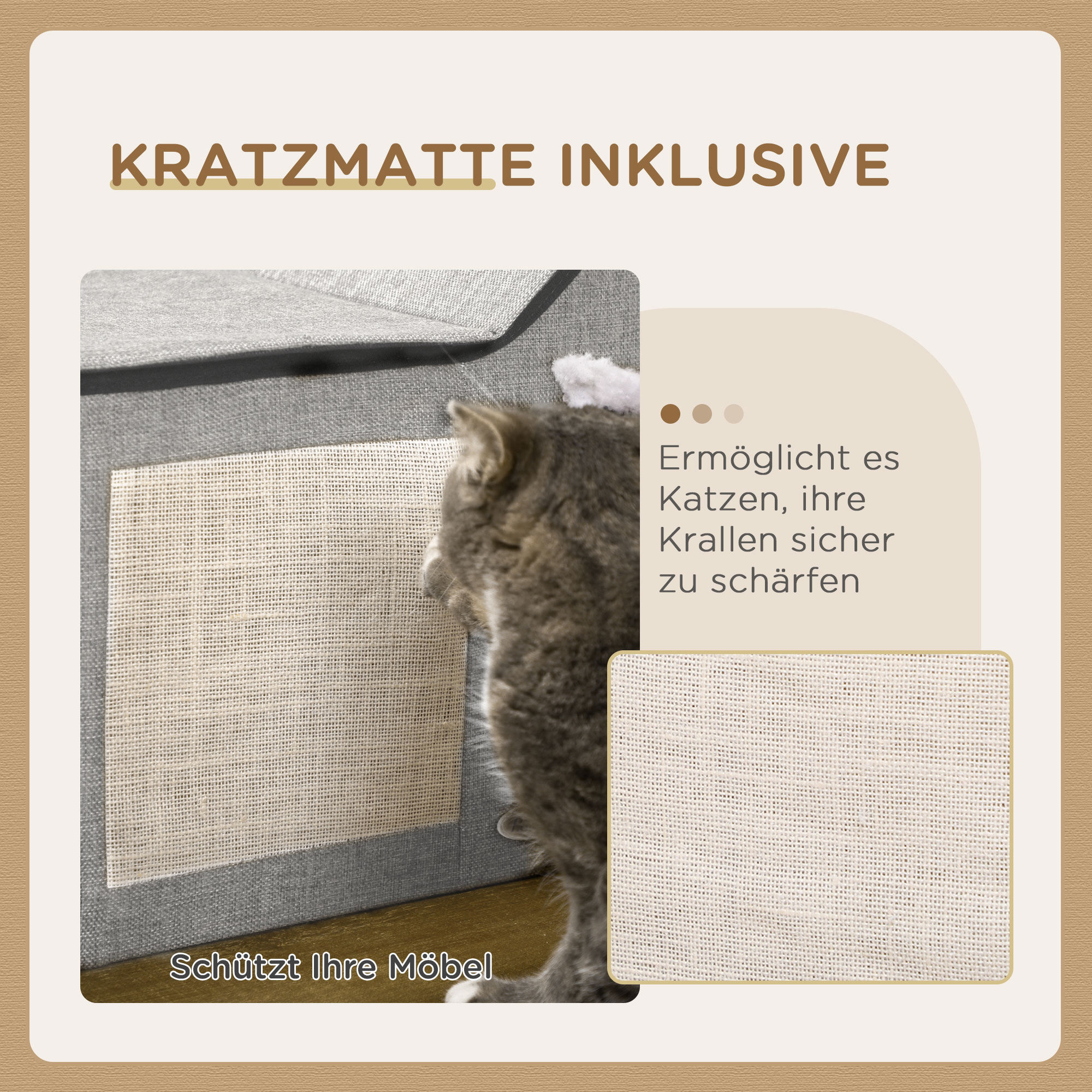Katzenhaus mit Kratzfläche, inkl. Spielball, Katzenhöhle, 65 cm  x 41 cm x 45.5H cm, Braun + Weiß + Beige