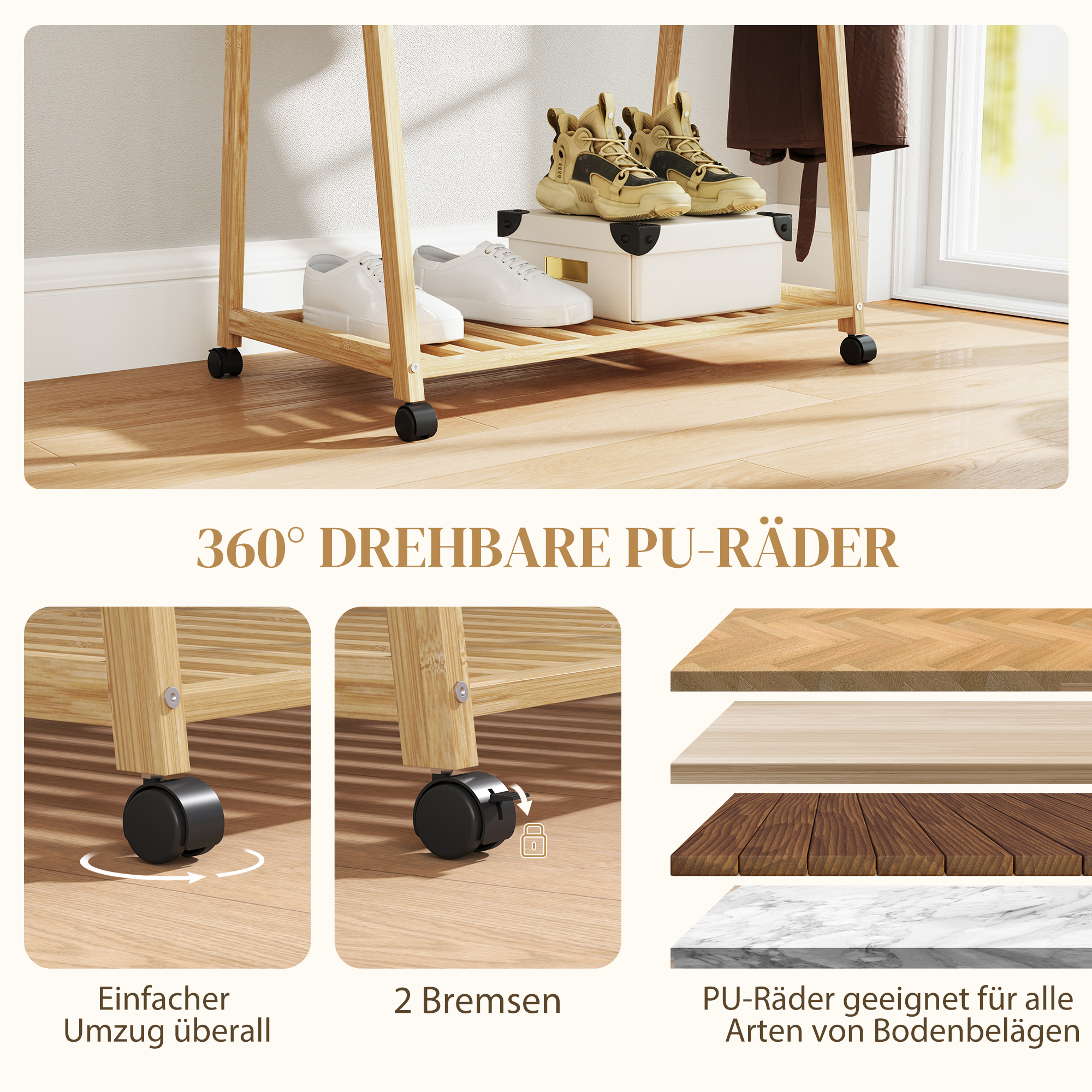 Kleiderständer, 2 untere Regale, 67 cm lange Kleiderstange, Bambusholz, Rollen